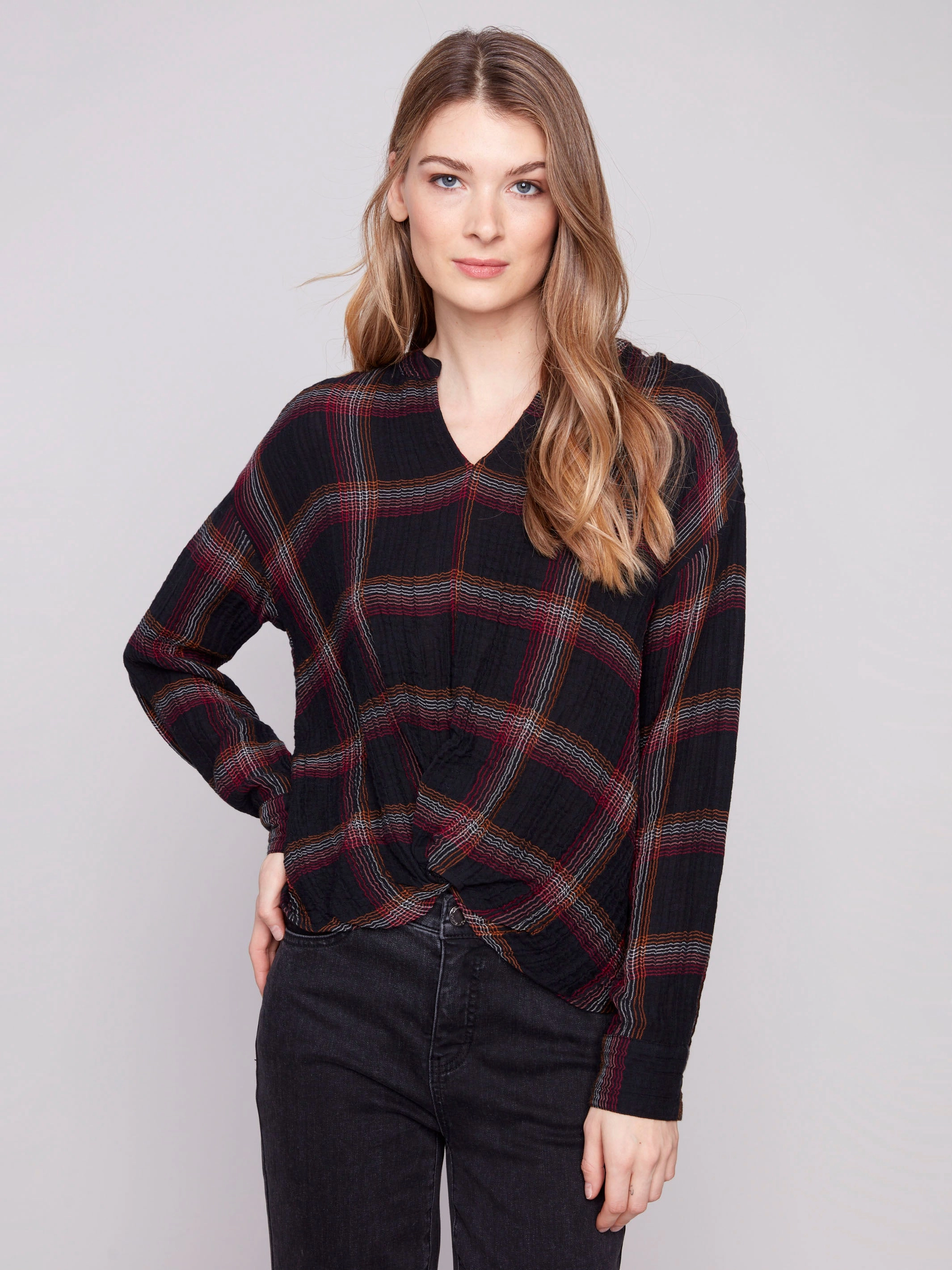Sandals Plaid Double Gauze Blouse With Front Knot - Fuschia