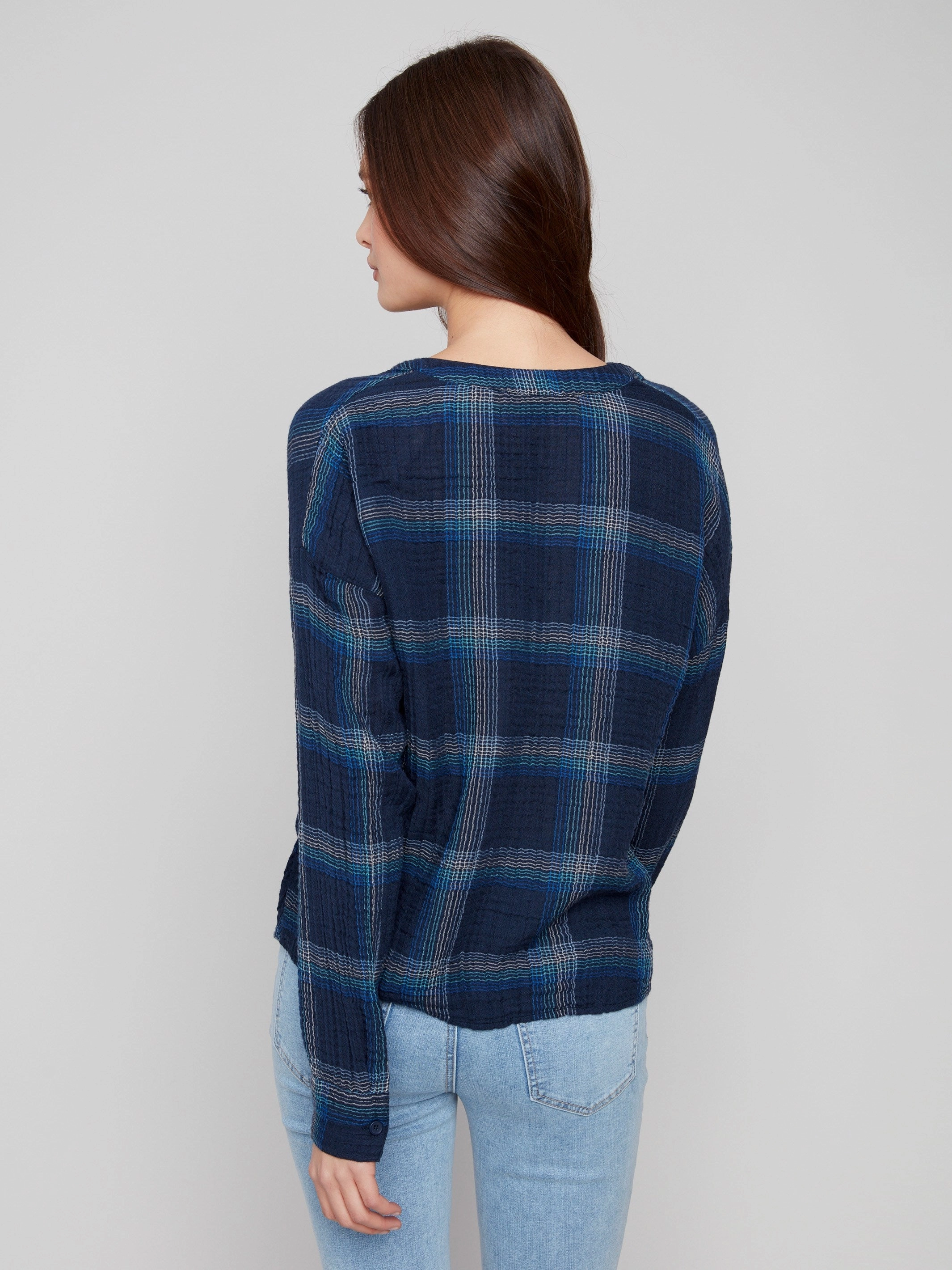 Plaid Double Gauze Blouse With Front Knot - Lapis embroidery