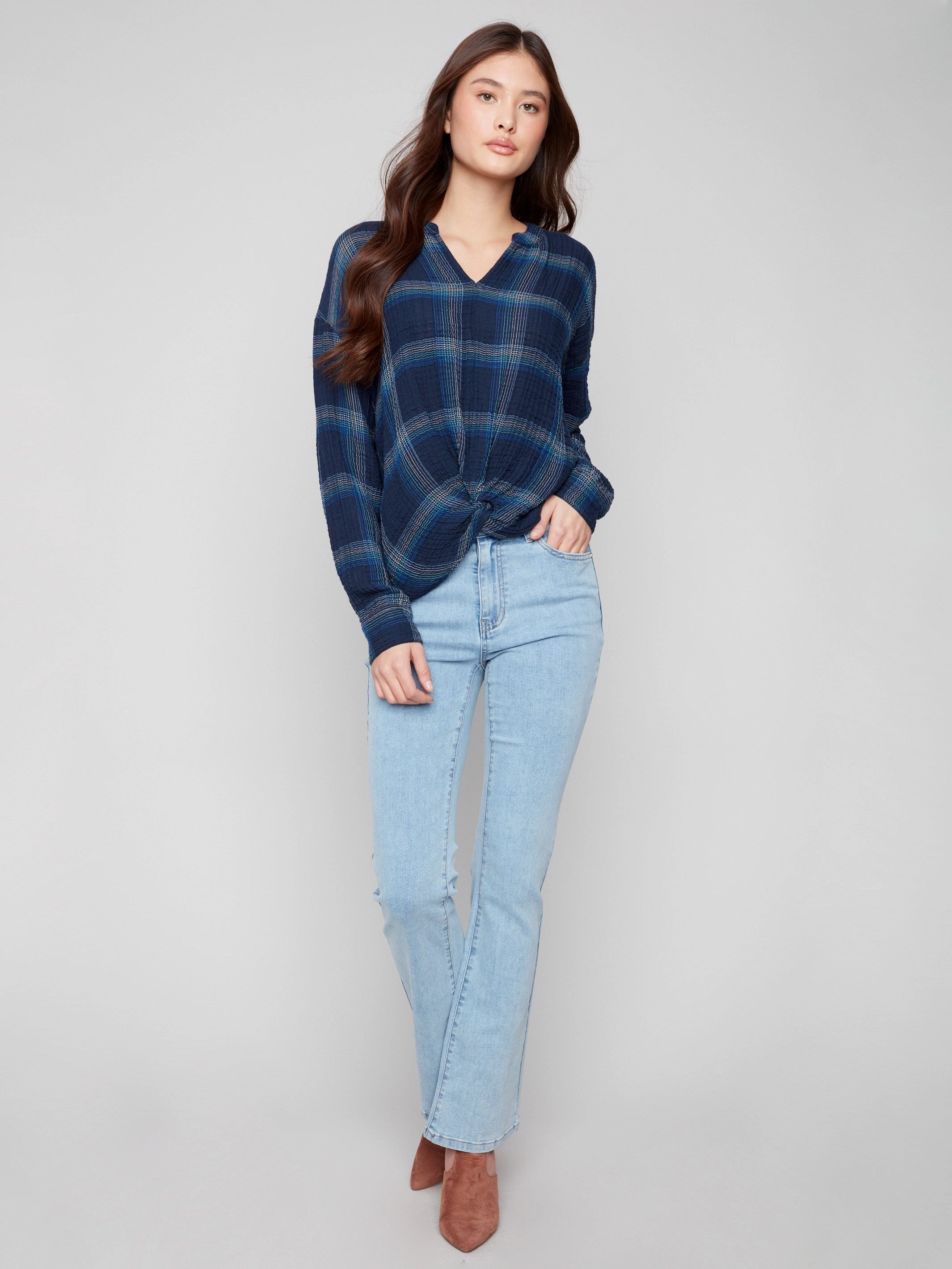 Wedding Fitted Plaid Double Gauze Blouse With Front Knot - Lapis