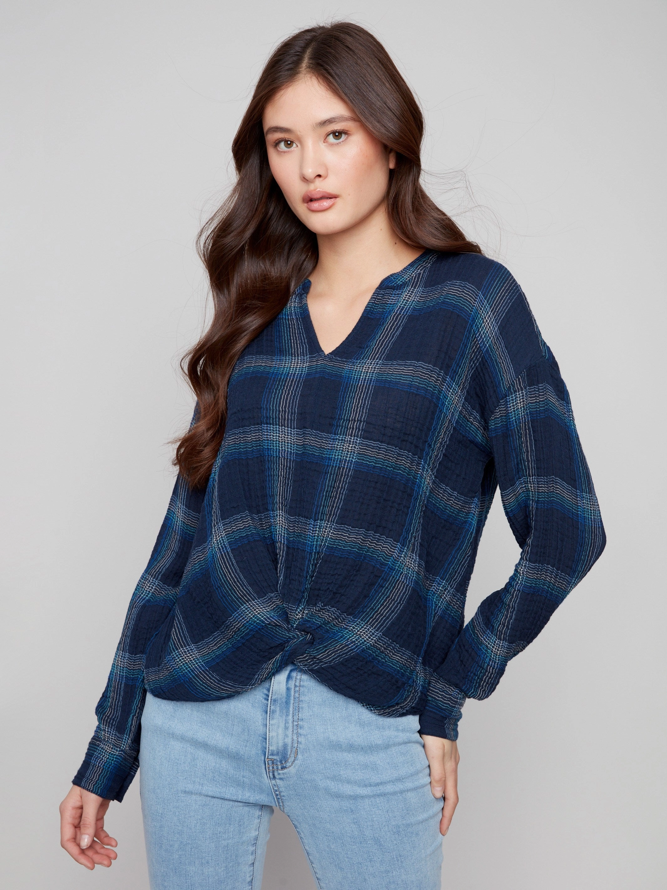 Plaid Double Gauze Blouse With Front Knot - Lapis Sandaled Ring