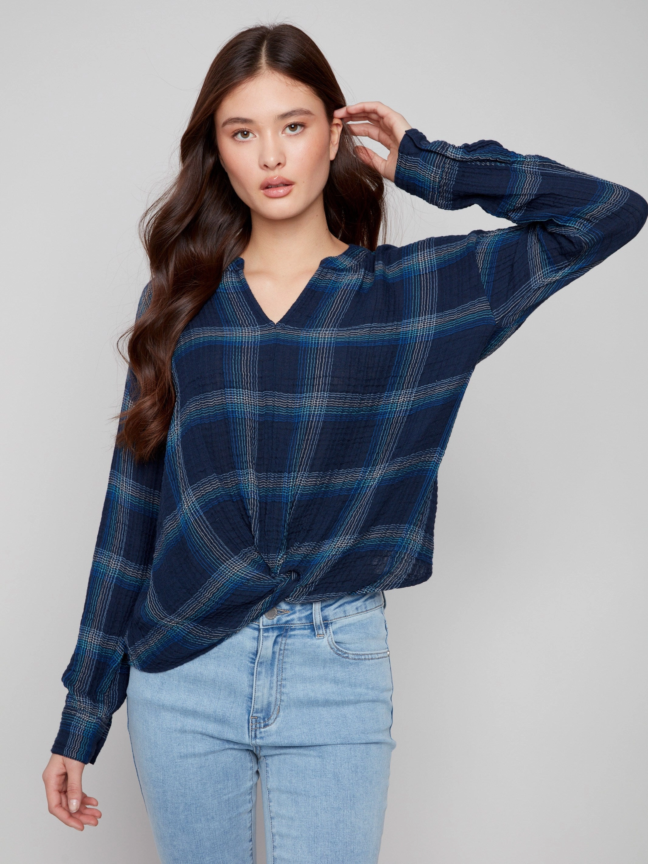 Checked restaurant Plaid Double Gauze Blouse With Front Knot - Lapis