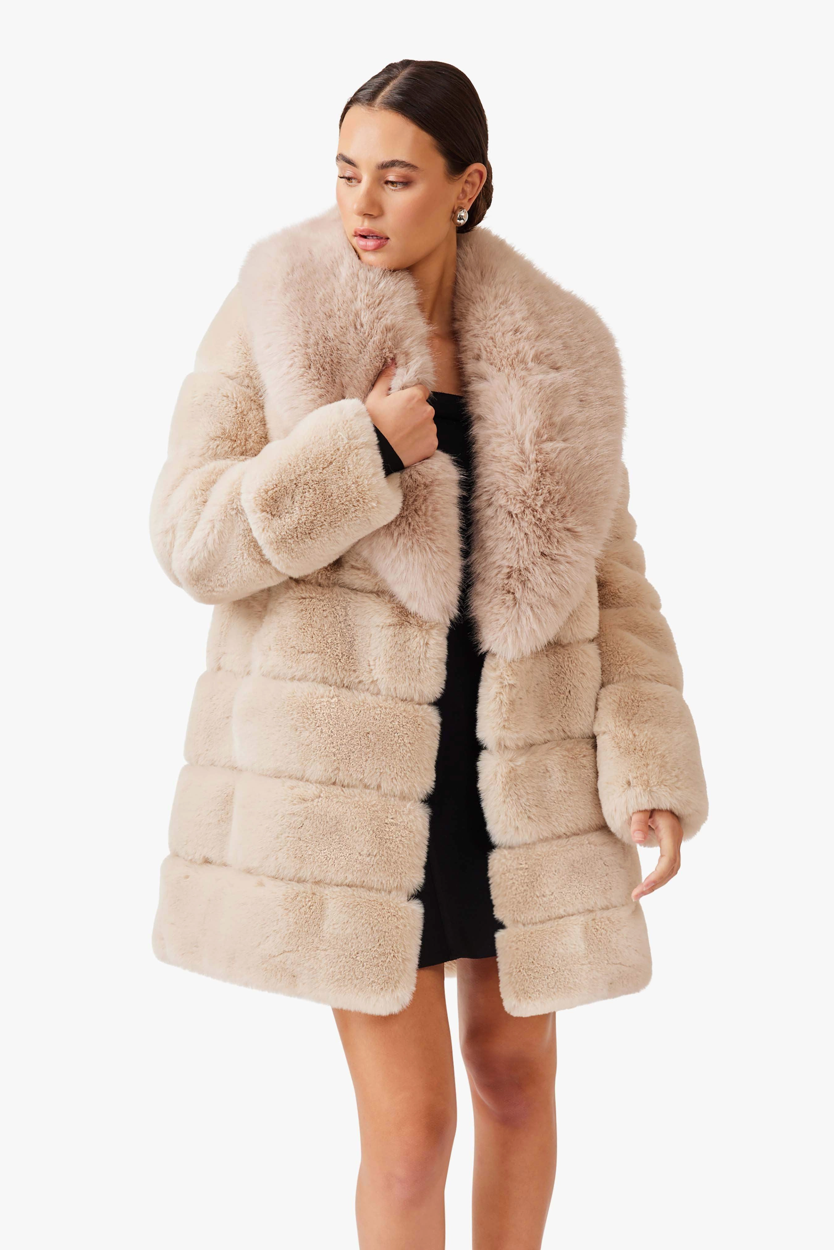 Breath Soft Fresh Color Keystone Faux Fur Coat in Beige
