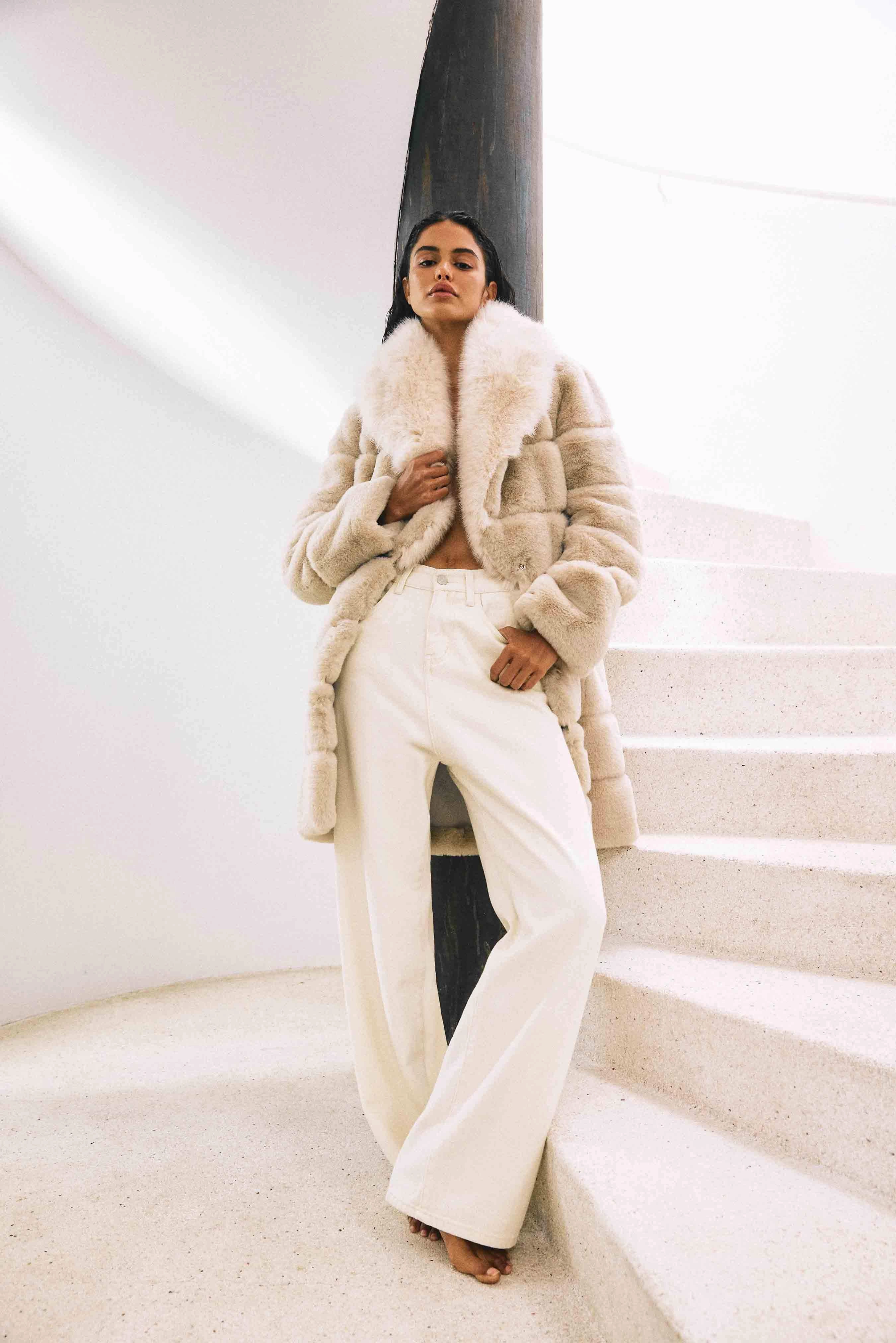 Shine Dressy Keystone Faux Fur Coat in Beige