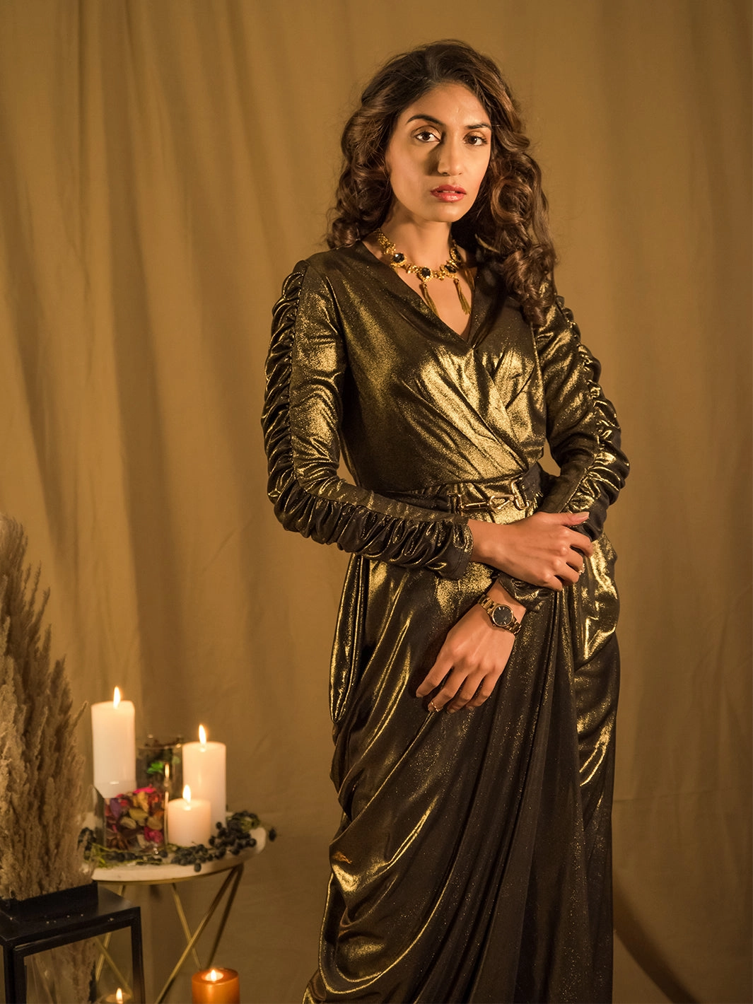 All-Season Comfort Marquee Gold Drape Gown with Belt