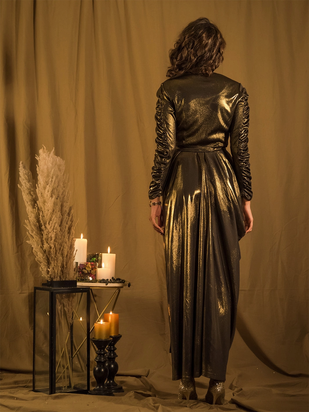 All-Day Comfort Wear Marquee Gold Drape Gown with Belt