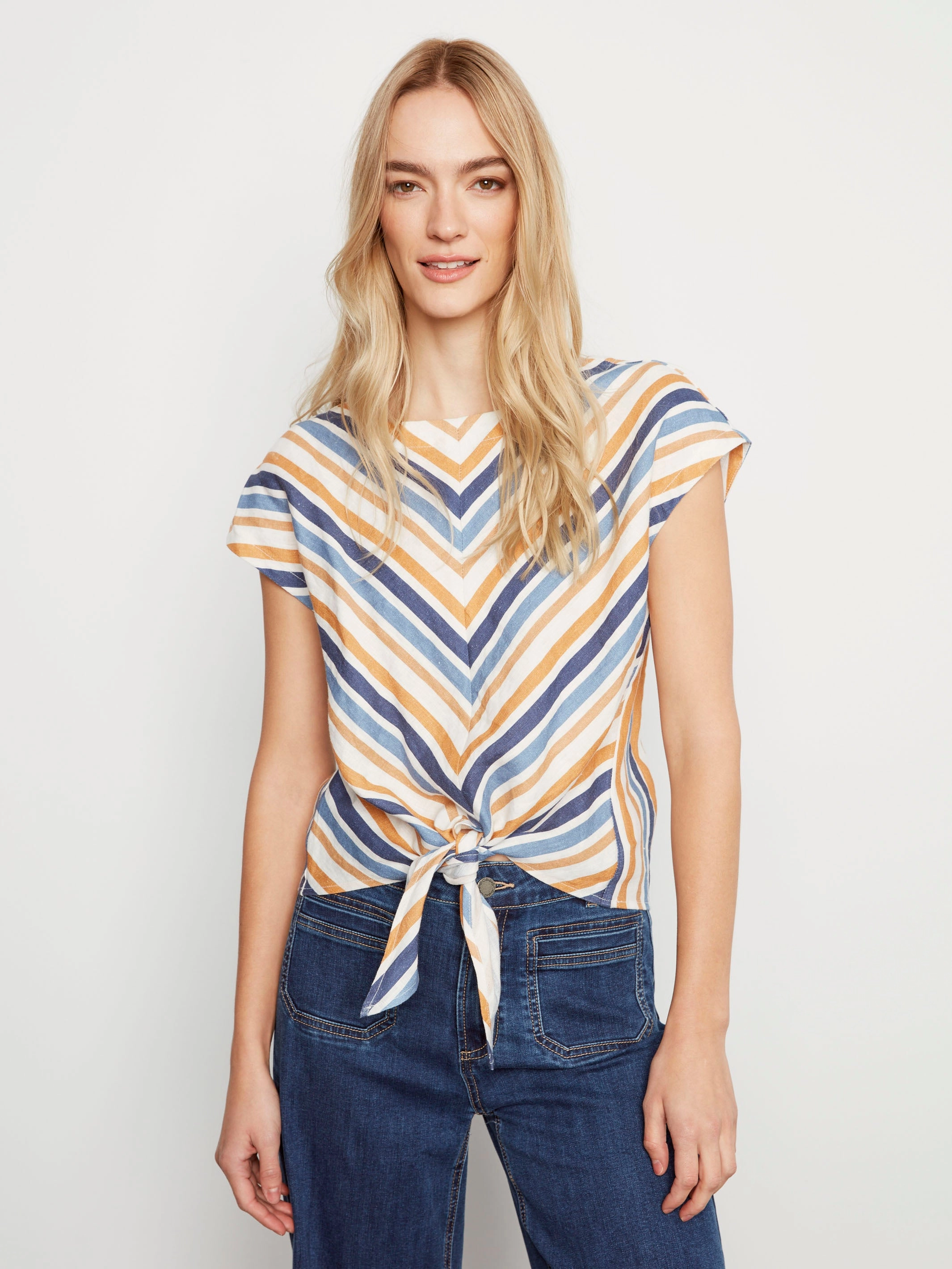 Striped Linen Blend Tie-Front Blouse - Denim Bold Hue