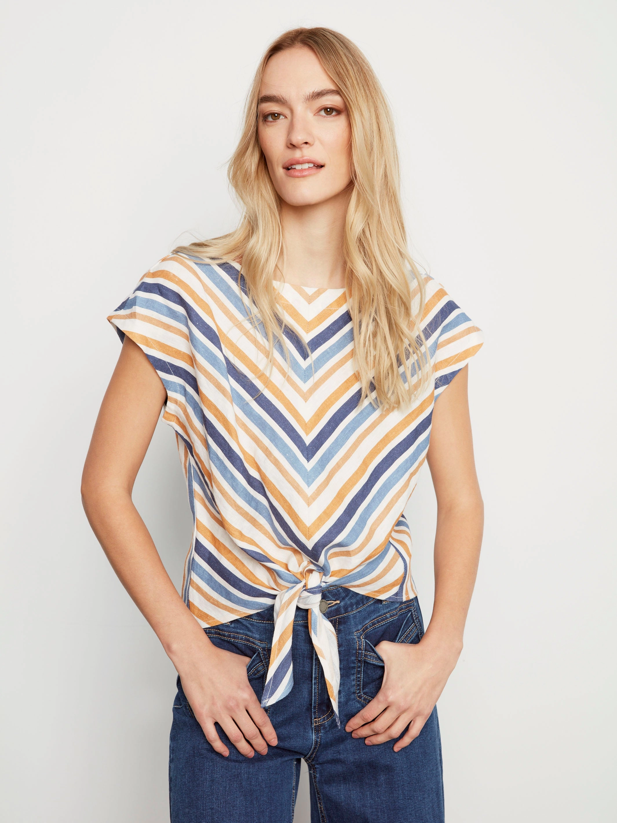 Striped Linen Blend Tie-Front Blouse - Denim Structured Shoulder Support Abstract art