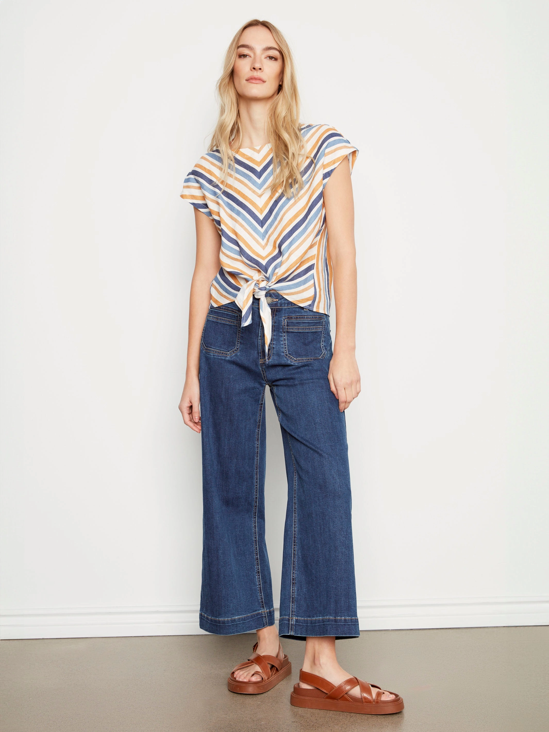 Iconic look Non Chafe Seams Striped Linen Blend Tie-Front Blouse - Denim