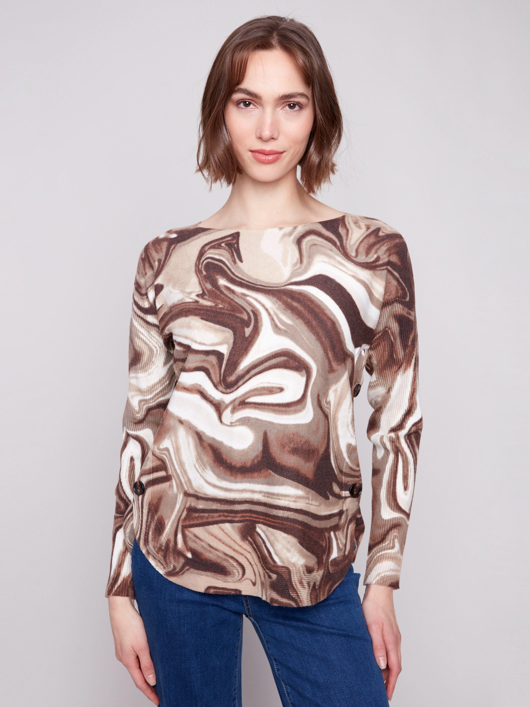 Printed Boat Neck Sweater With Side Buttons - Swirls Retirement gift