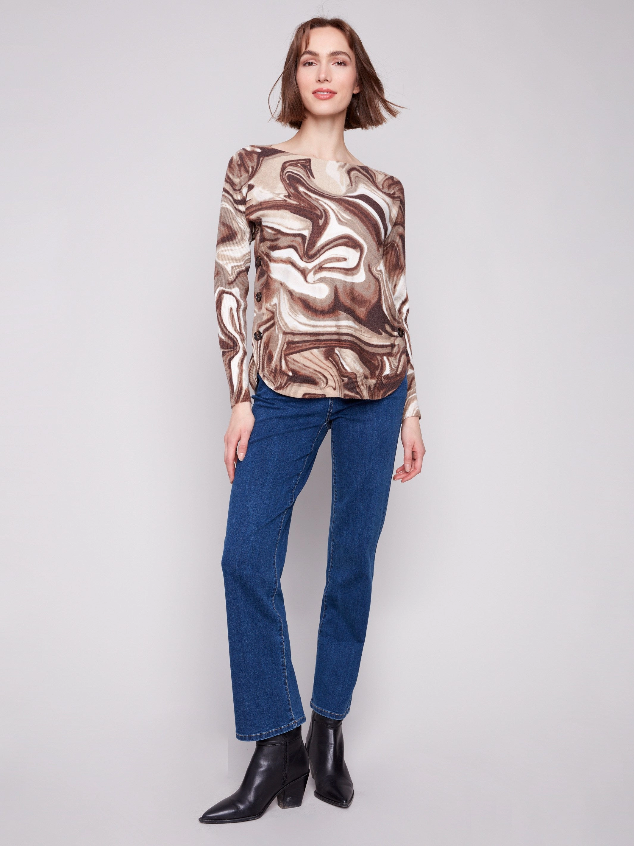 Snow resistant Printed Boat Neck Sweater With Side Buttons - Swirls