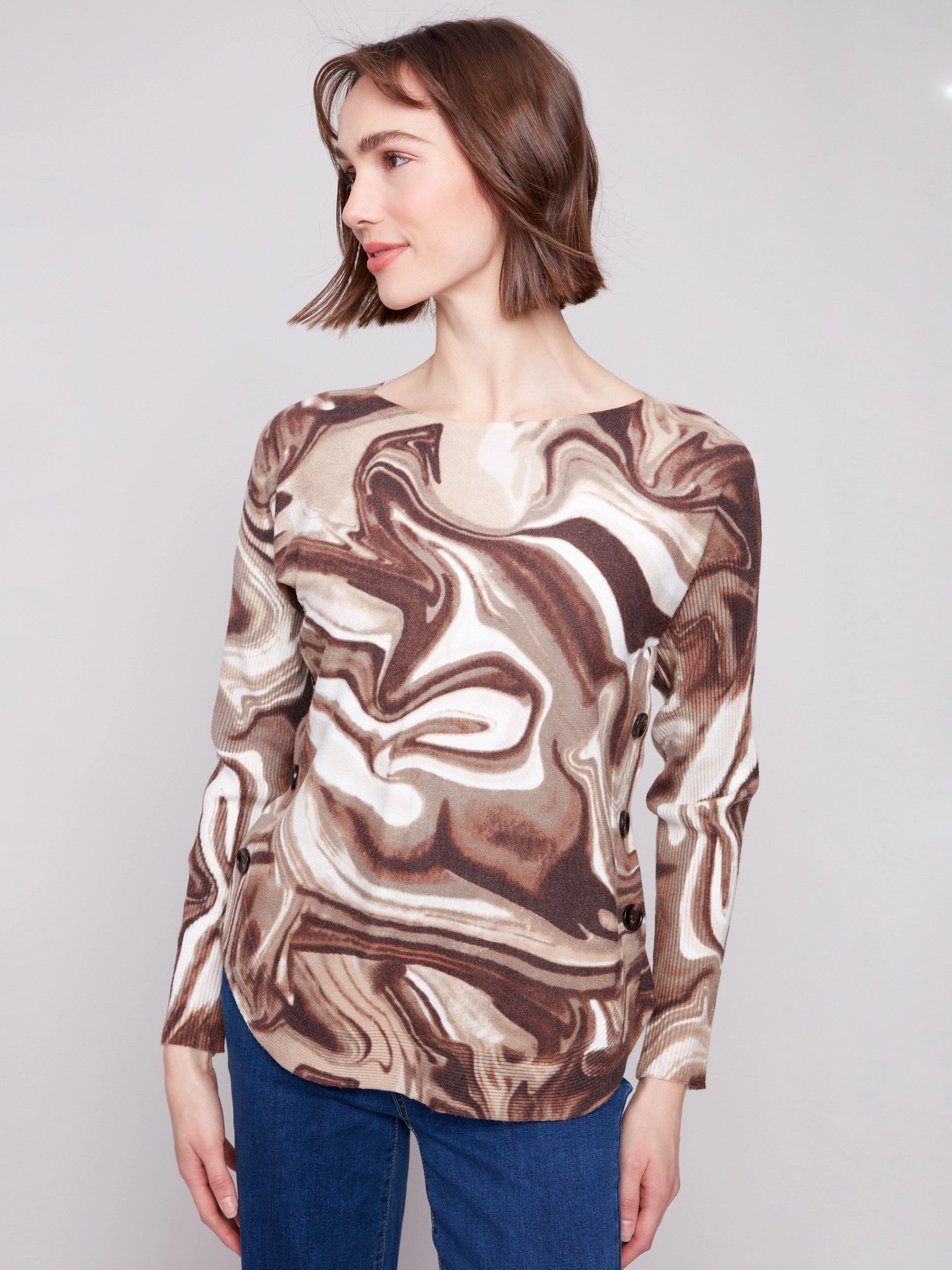 Printed Boat Neck Sweater With Side Buttons - Swirls Rug