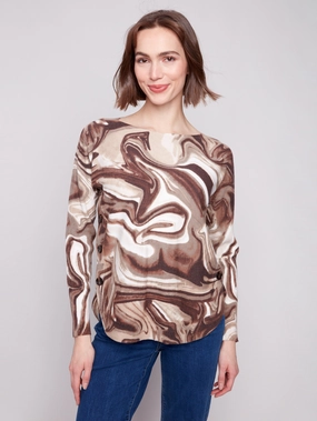 Printed Boat Neck Sweater With Side Buttons - Swirls Moisture wicking