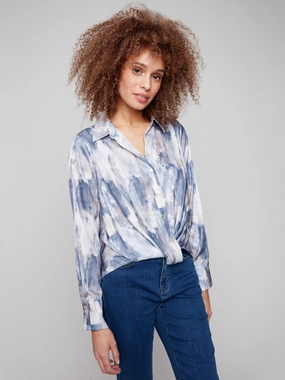 Printed Button-Down Shirt With Twisted Front - Pearly Lounge