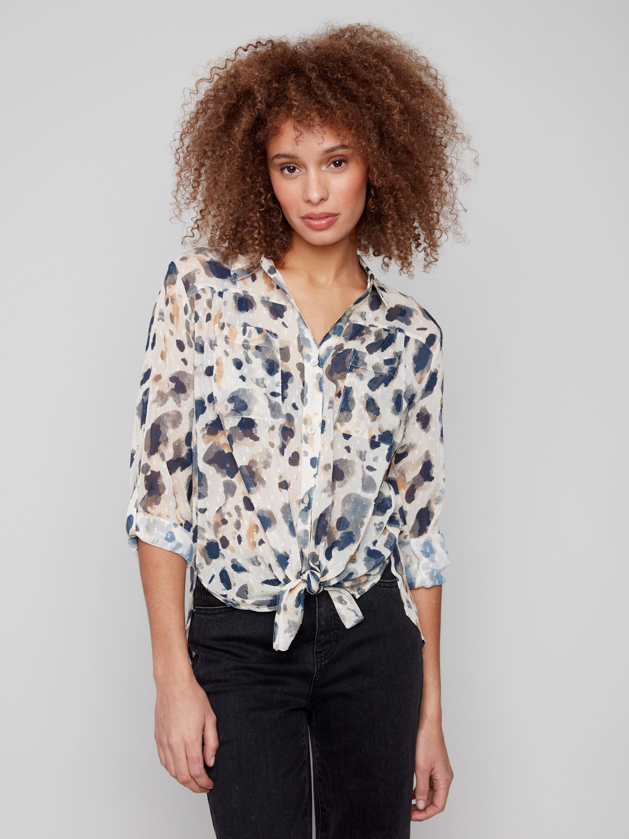 Printed Button-Up Blouse - Animal slim Photo