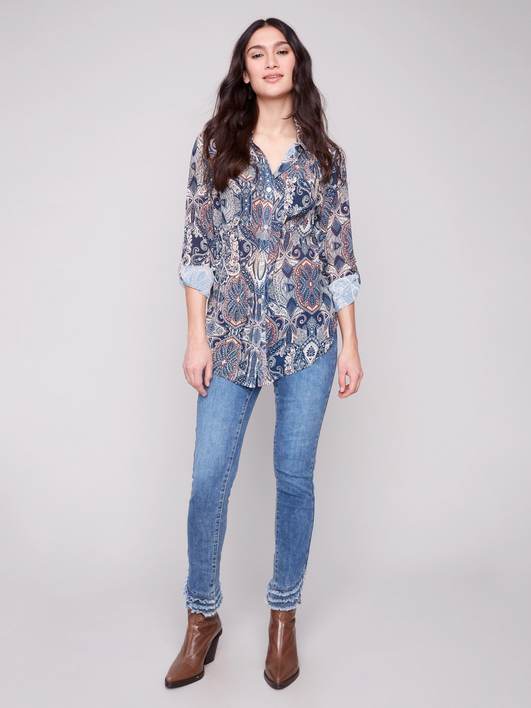 Quick Drying Printed Button-Up Blouse - Jolly