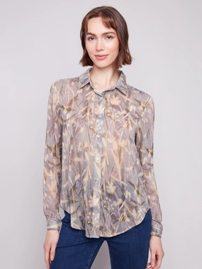 Printed Chiffon Button-Down Shirt - Serene Snow resistant High End