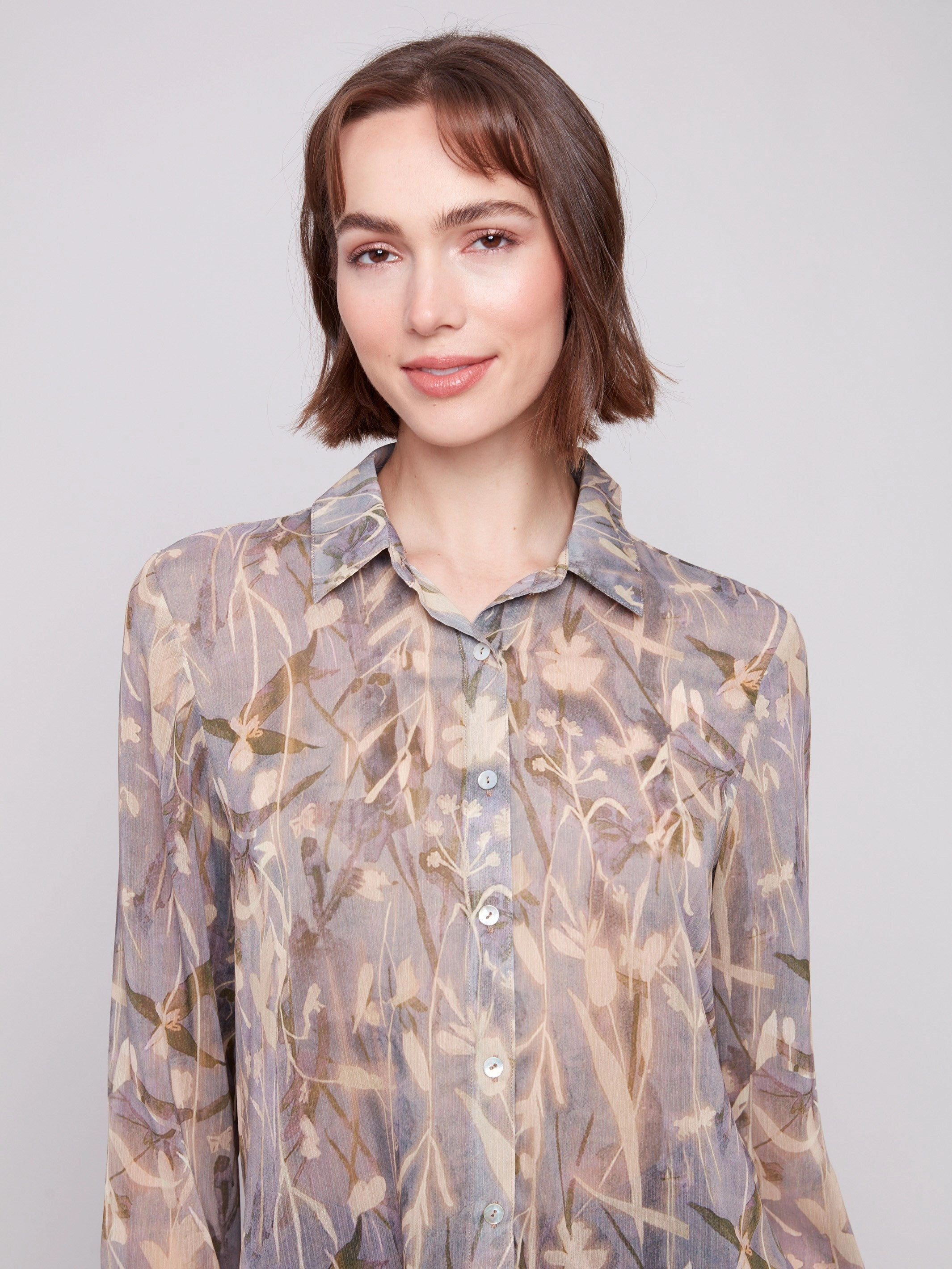 Printed Chiffon Button-Down Shirt - Serene Printed Pattern