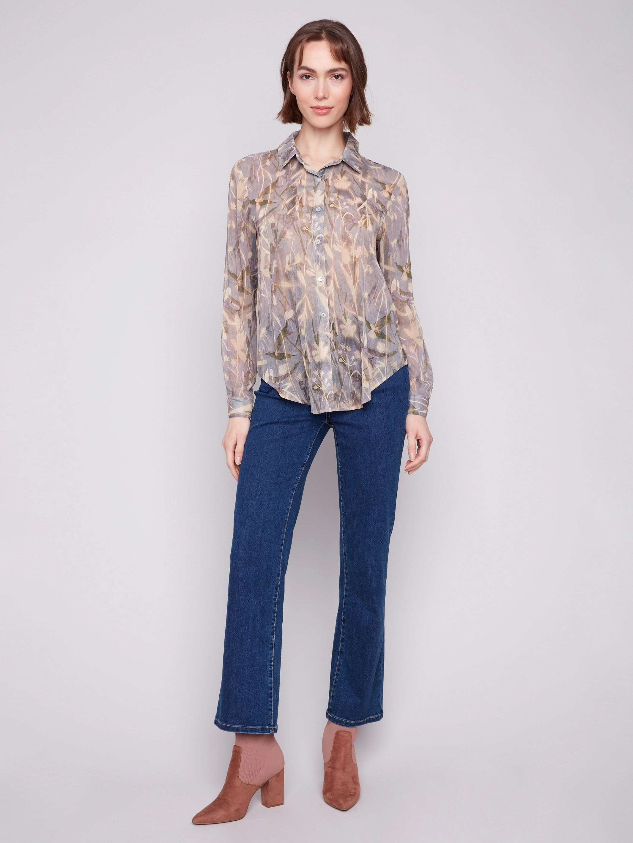 Printed Chiffon Button-Down Shirt - Serene Businessman