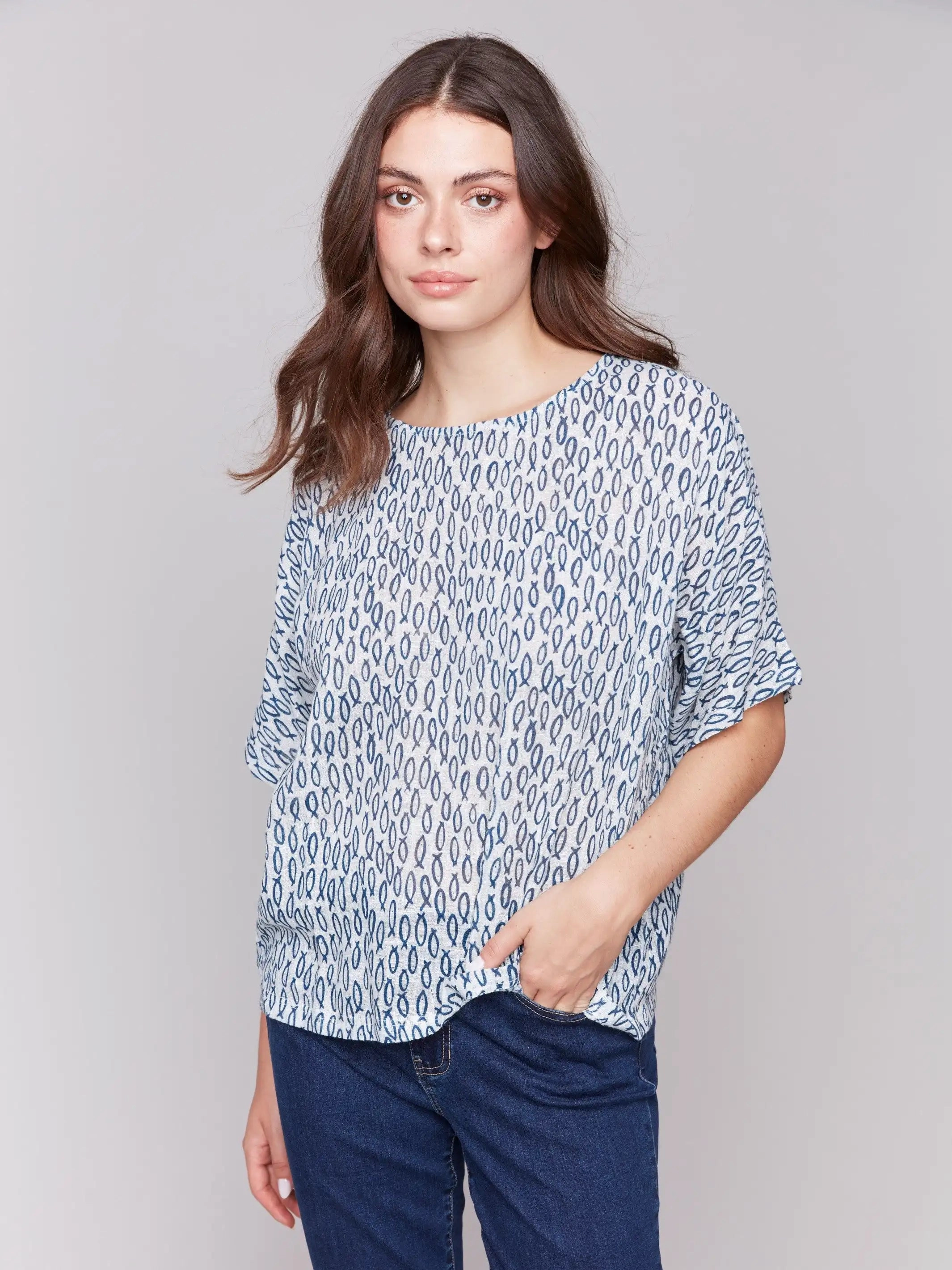 Printed Cotton Gauze Dolman Blouse - Fish Athletic Cut