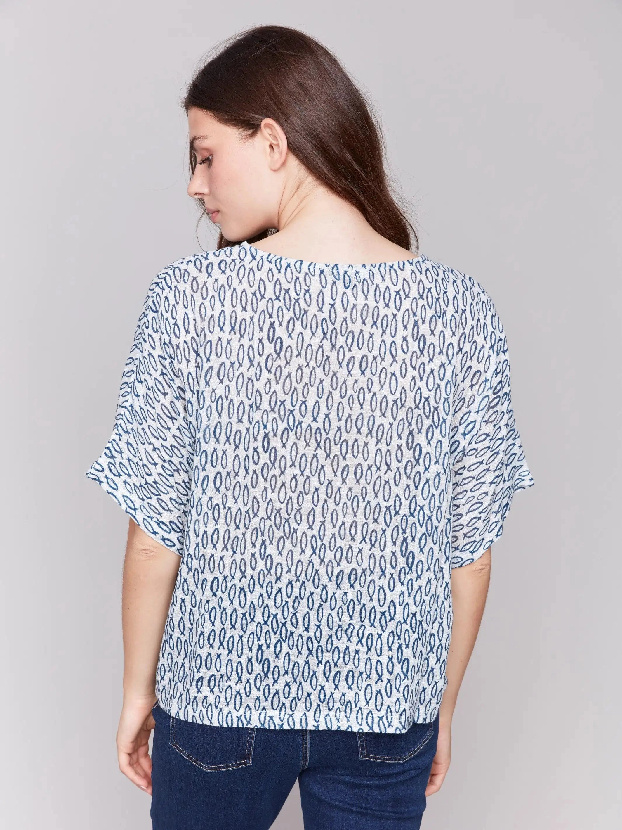 Reinforced Buttonholes Printed Cotton Gauze Dolman Blouse - Fish