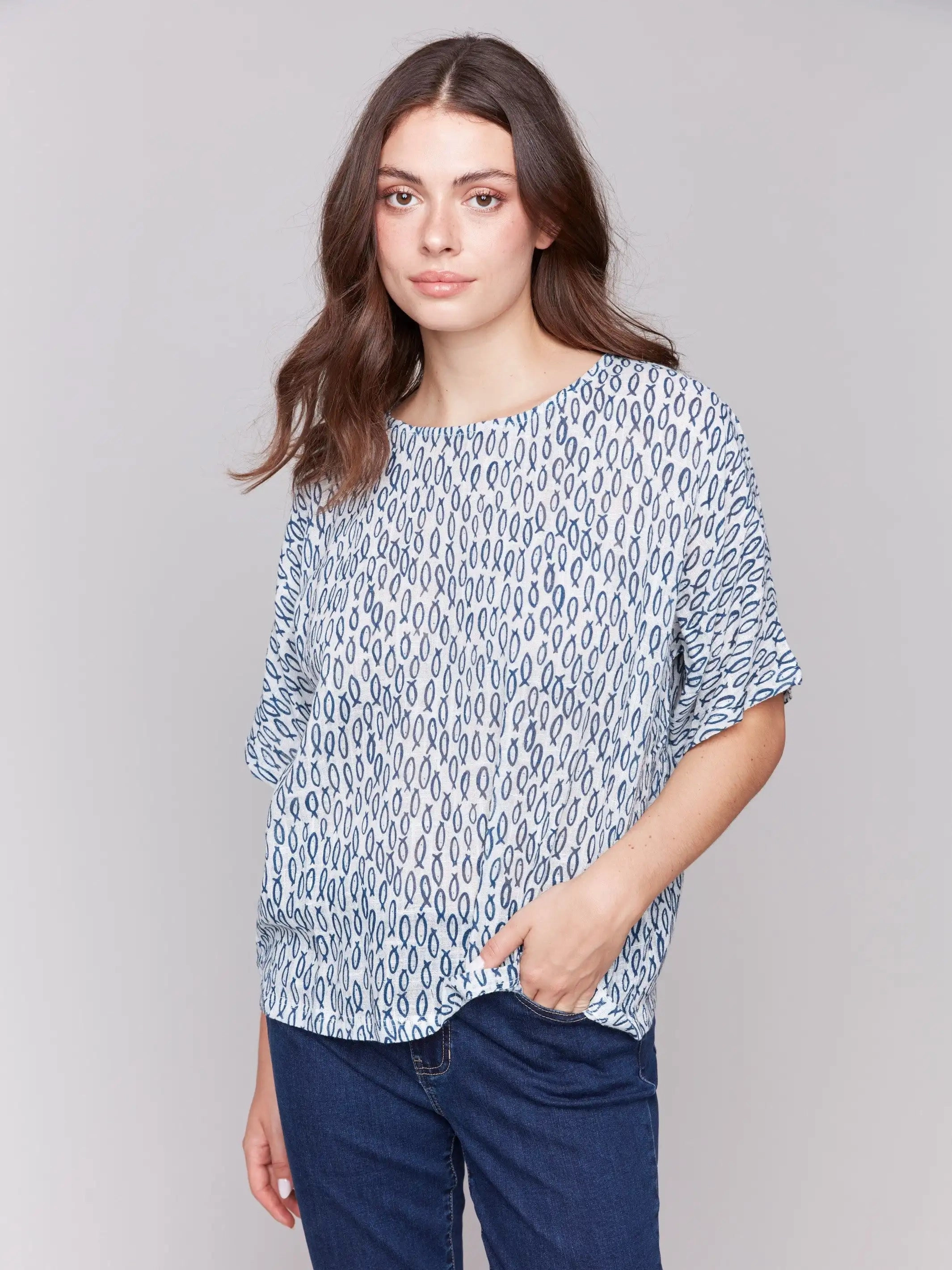 Printed Cotton Gauze Dolman Blouse - Fish Flatlock stitching