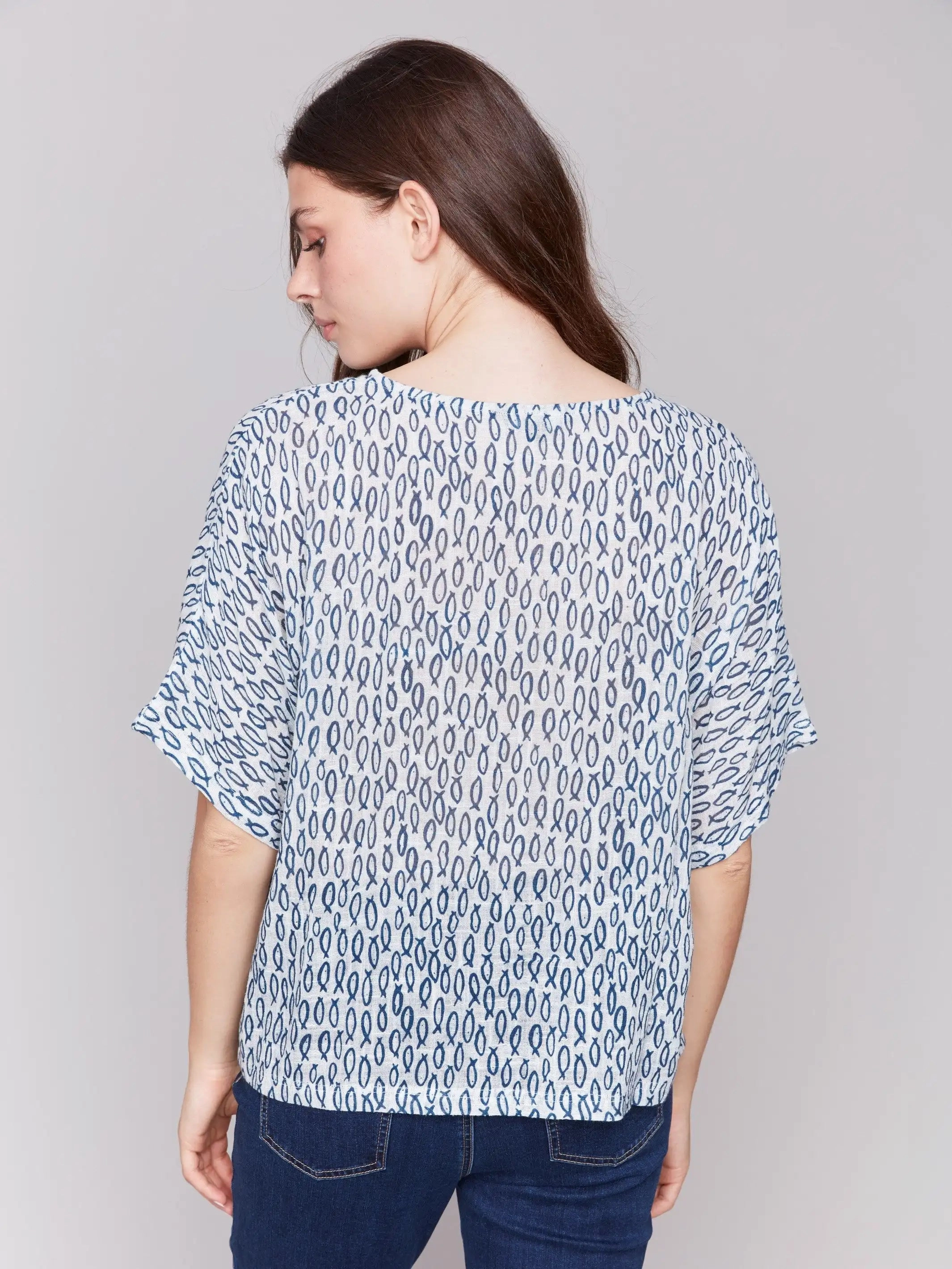 birthday party Printed Cotton Gauze Dolman Blouse - Fish