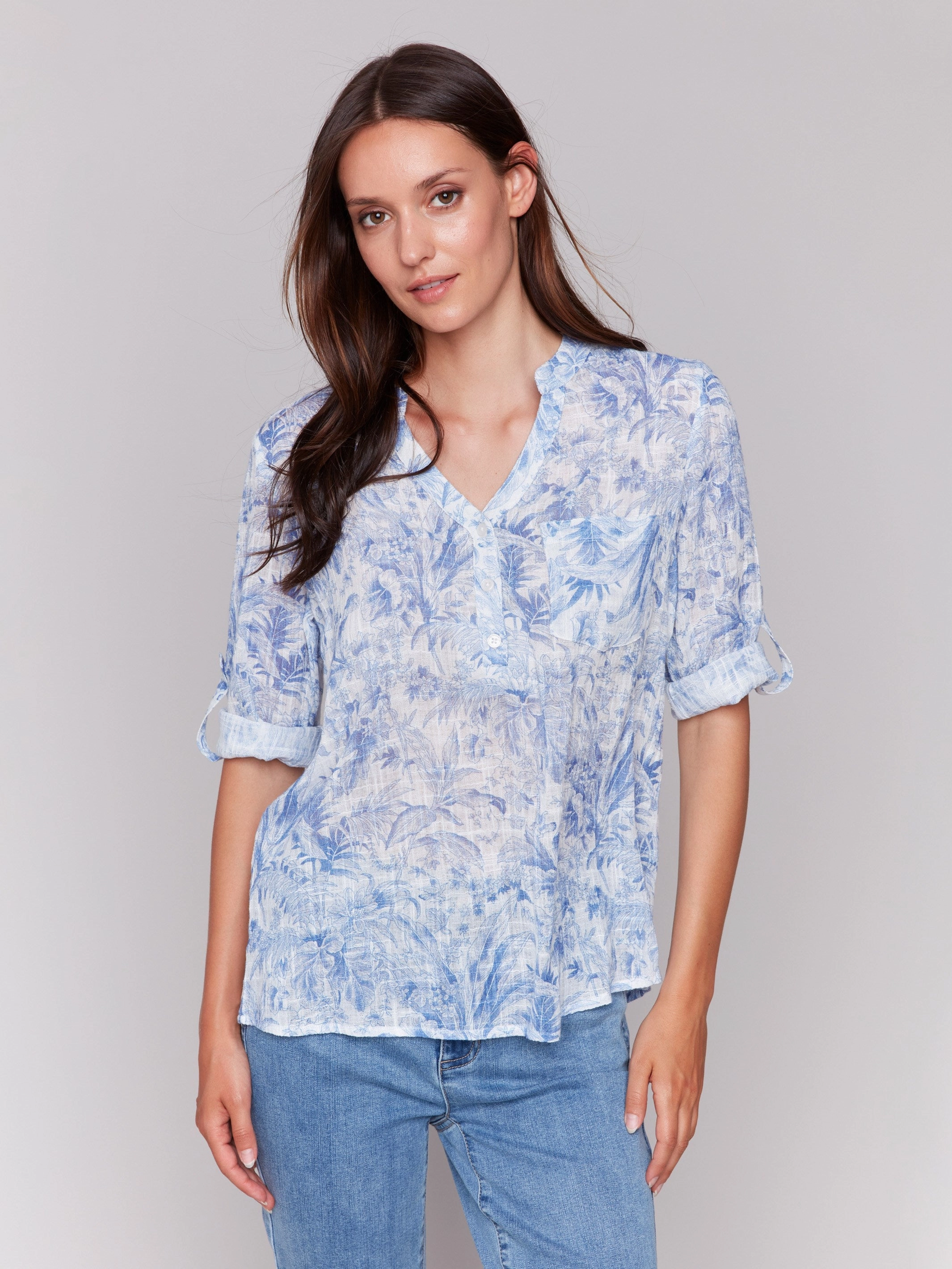 Premium Feel Bamboo Fiber Blend Printed Cotton Gauze Half-Button Blouse - Jungle