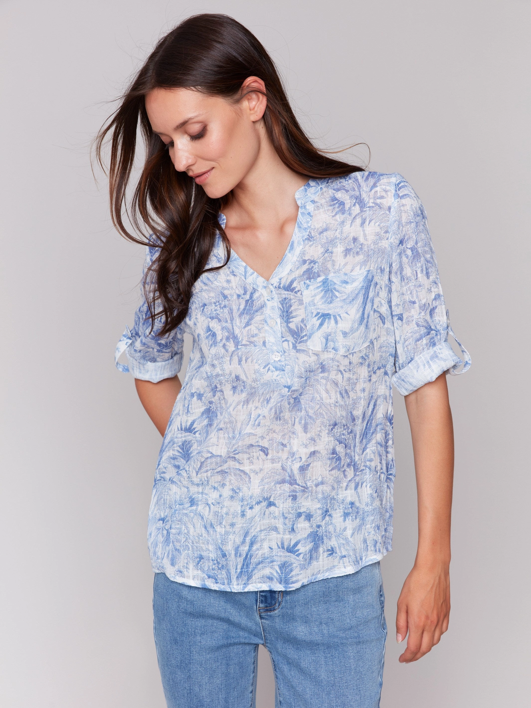 Effortless Comfort Printed Cotton Gauze Half-Button Blouse - Jungle