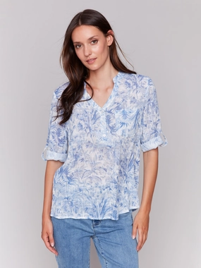 Printed Cotton Gauze Half-Button Blouse - Jungle Polished Placket