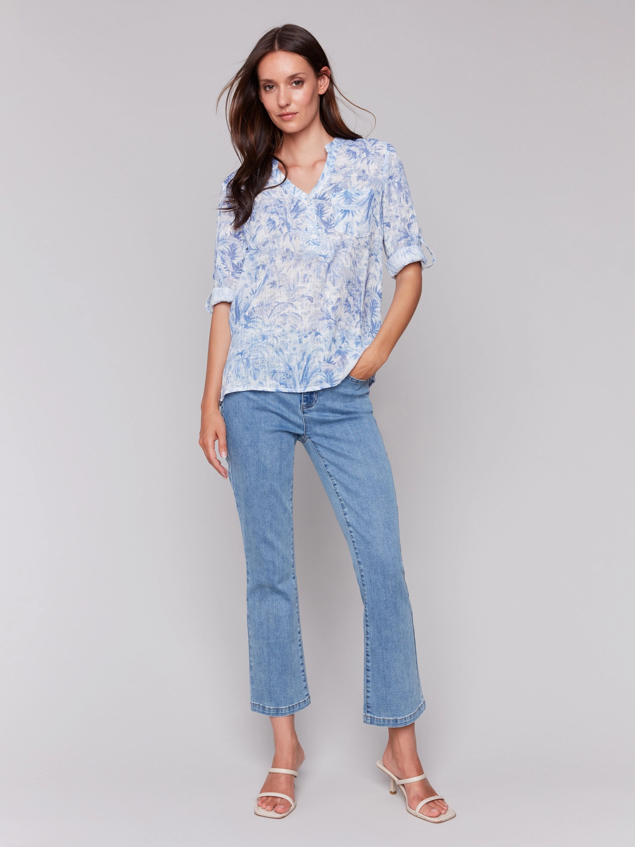 Indoor Comfort Printed Cotton Gauze Half-Button Blouse - Jungle