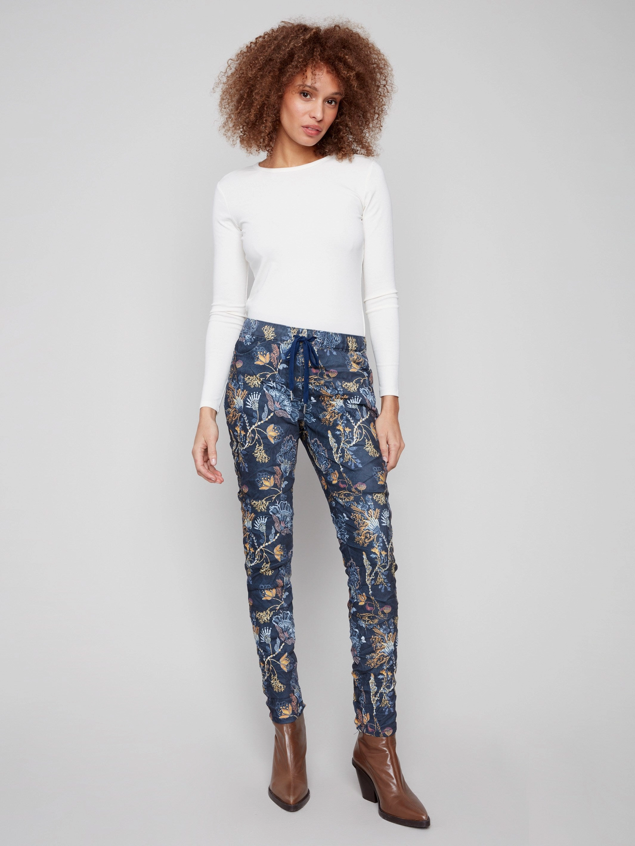 Printed Crinkle Suede Jogger Pants - Rio Cozy Casual Comfy Wardrobe