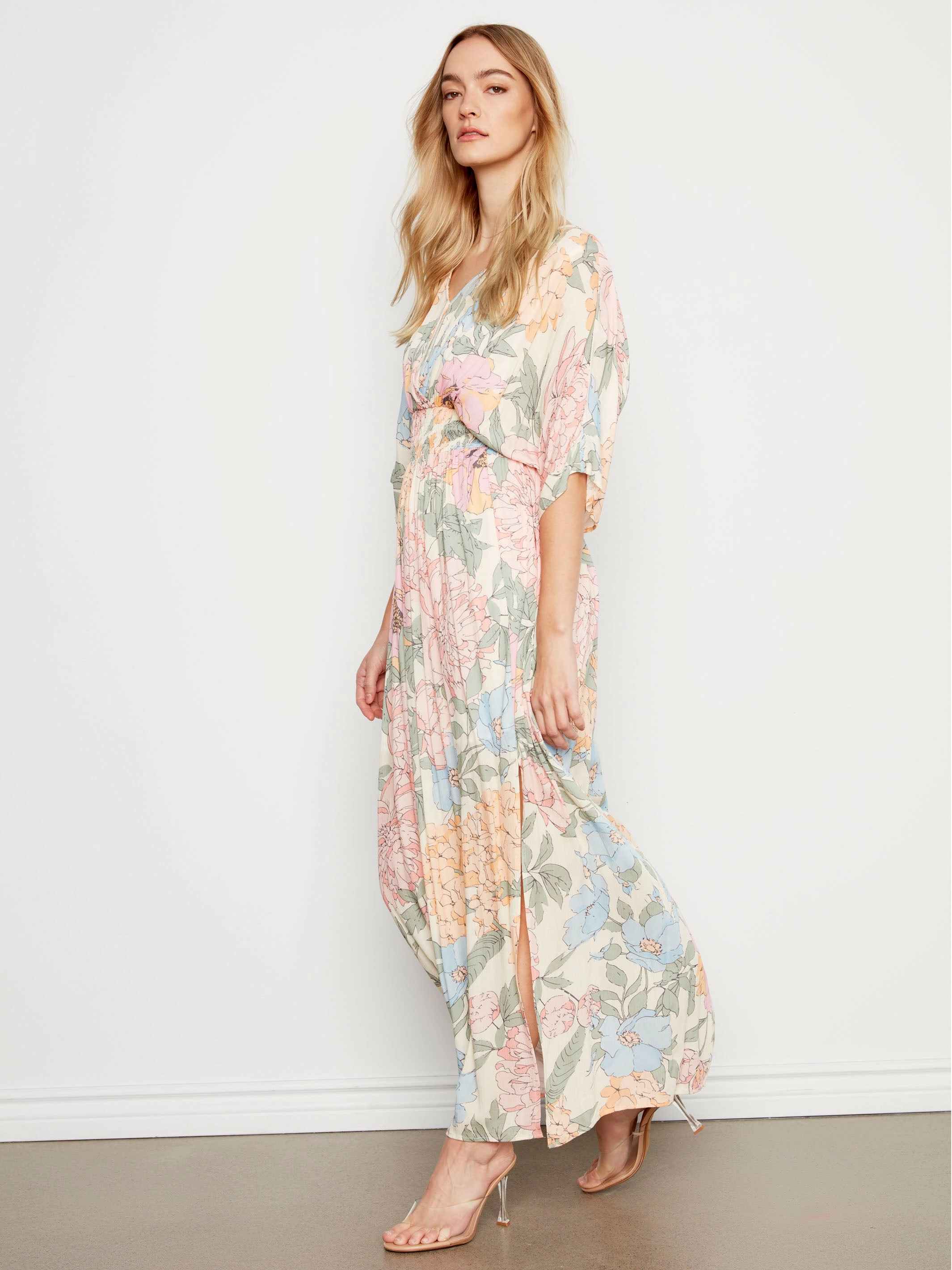 Timeless Wear Printed Dolman Sleeve Maxi Dress with Side Slits - Dahlia