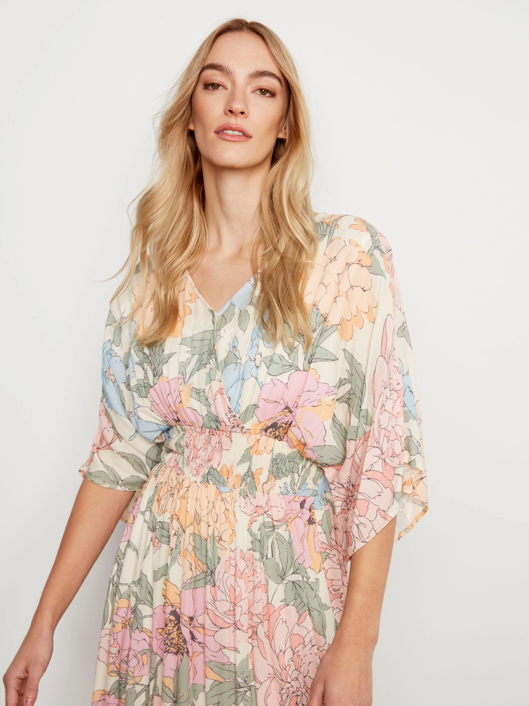 Printed Dolman Sleeve Maxi Dress with Side Slits - Dahlia Dreamy Layers Eco-Lining