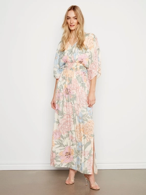 Printed Dolman Sleeve Maxi Dress with Side Slits - Dahlia Calm Touch Relax Piece
