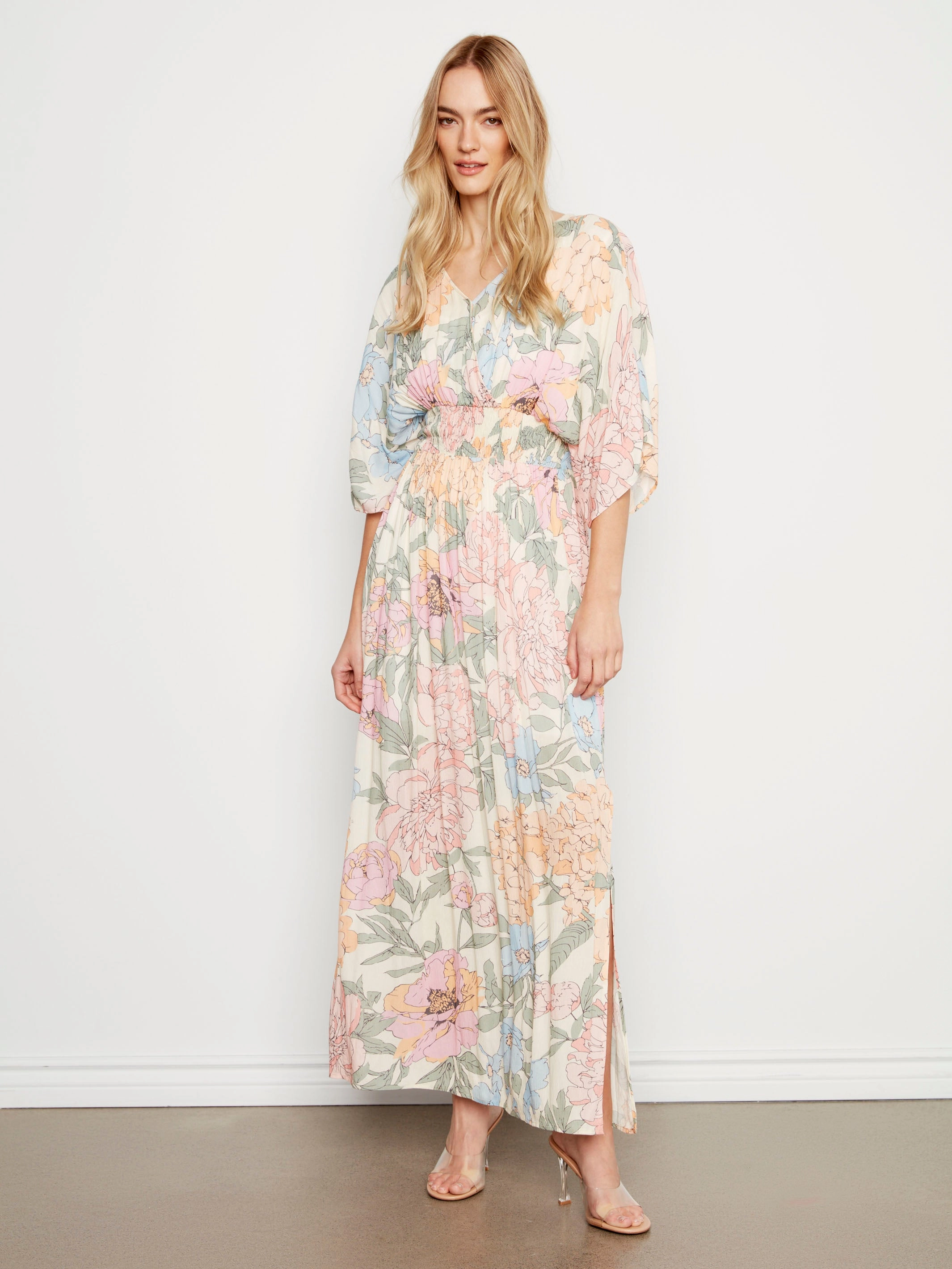 Printed Dolman Sleeve Maxi Dress with Side Slits - Dahlia Calm Touch Relax Piece