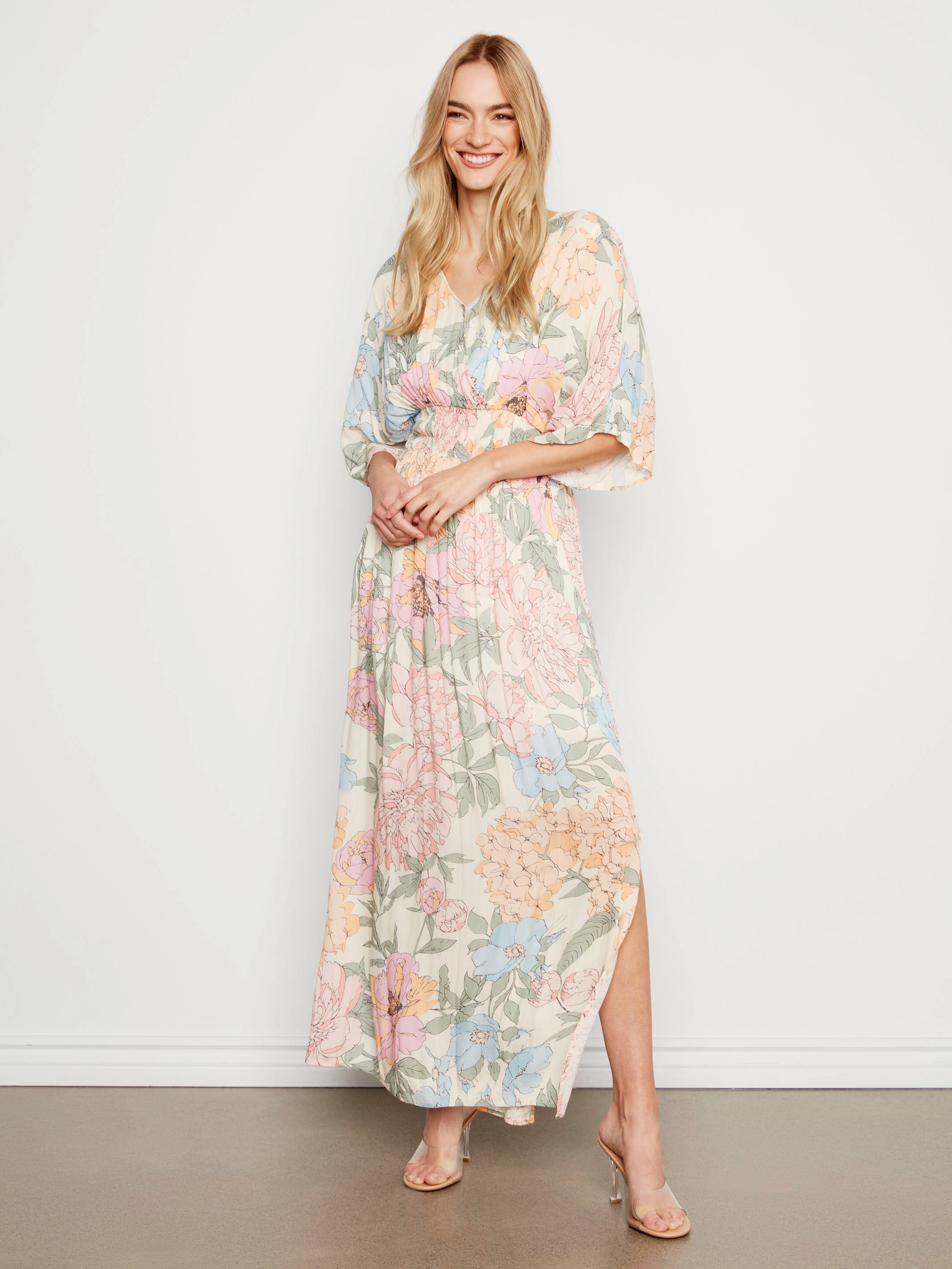 Perfectly Fit Look Daytime Mood Printed Dolman Sleeve Maxi Dress with Side Slits - Dahlia