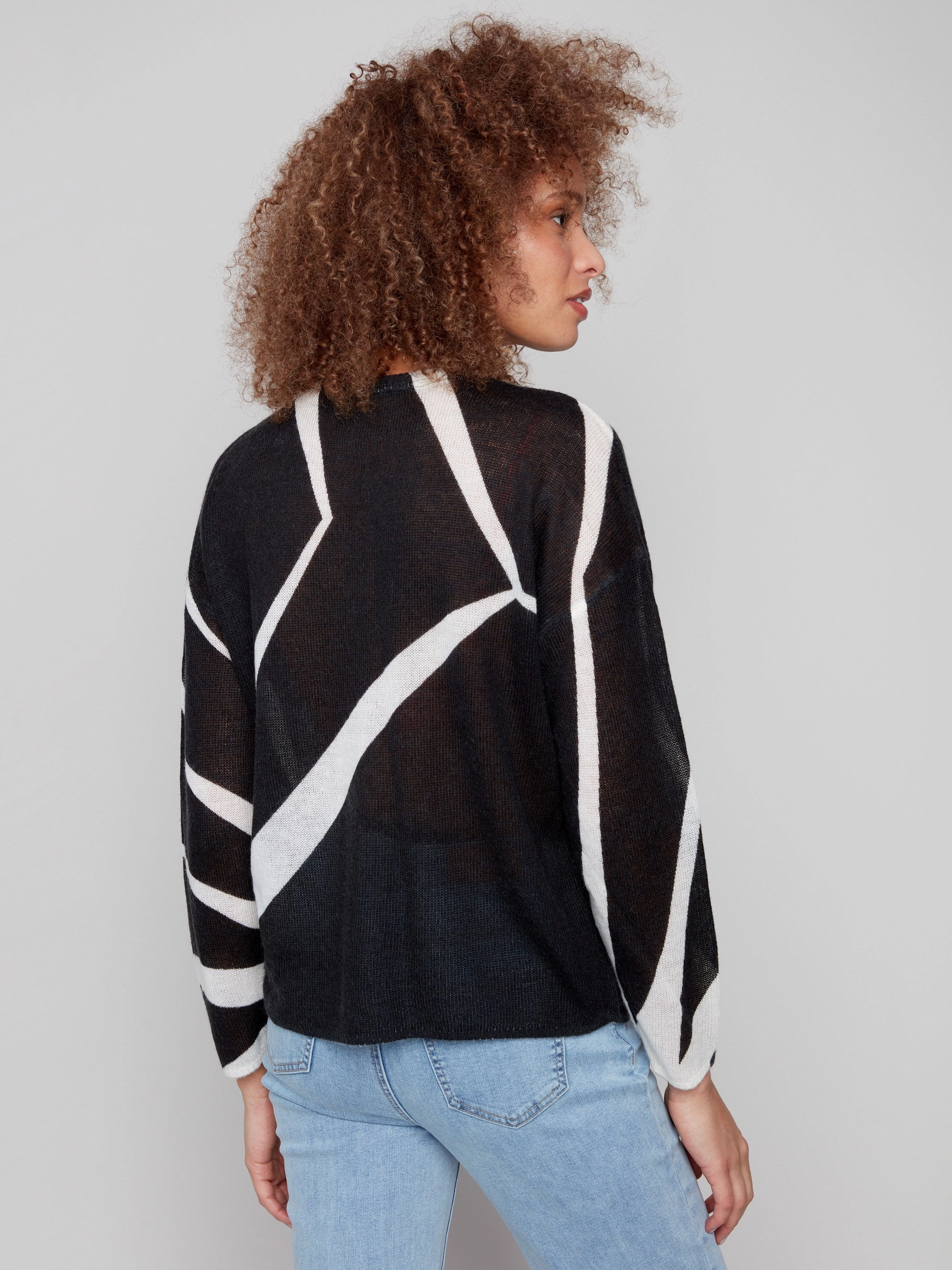 Adjustable Single piece wear Printed Lightweight Mohair-Effect Knit Sweater - Black & Ecru