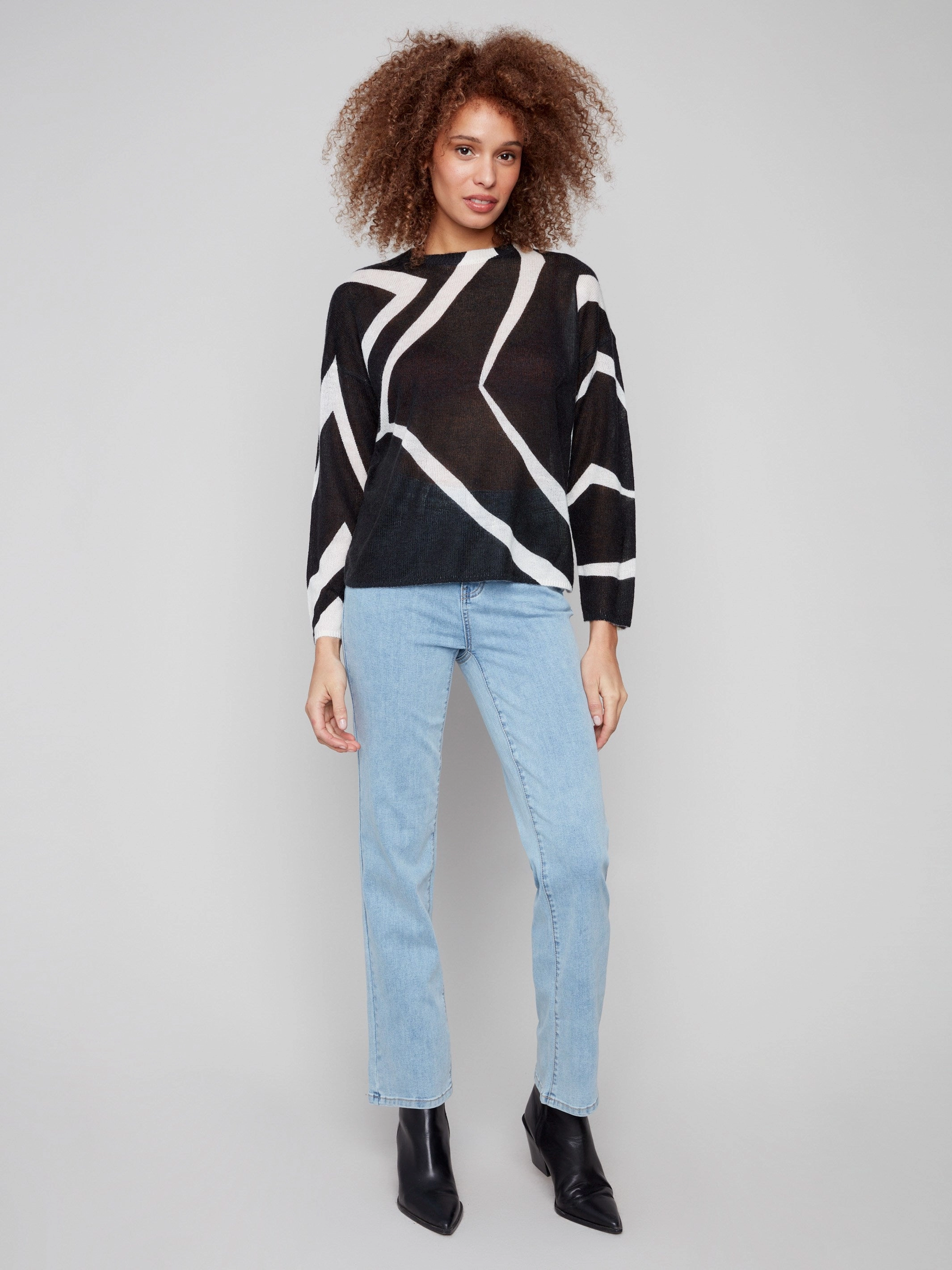 Gift easy - care Printed Lightweight Mohair-Effect Knit Sweater - Black & Ecru