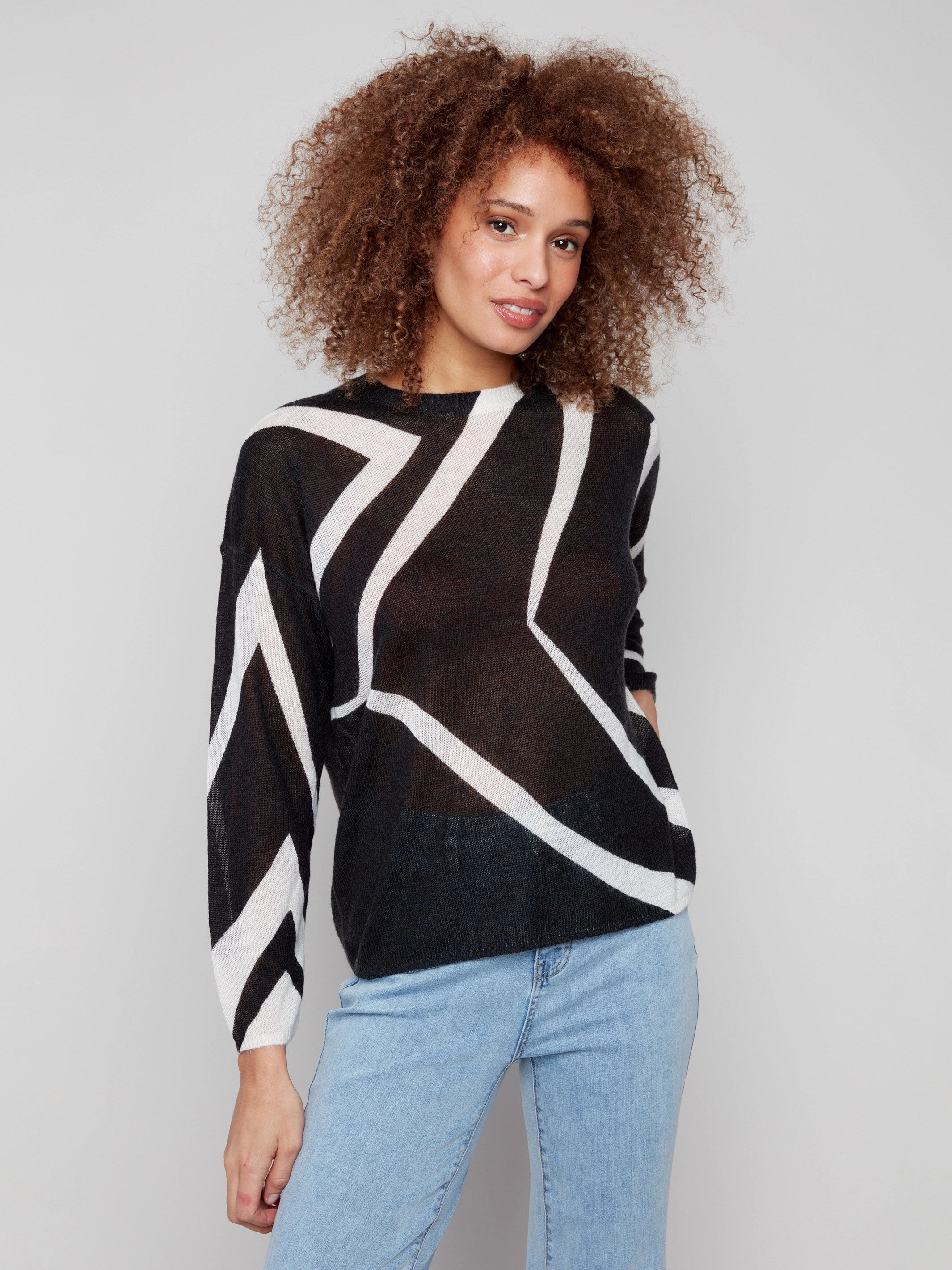 Generic teenagers' Printed Lightweight Mohair-Effect Knit Sweater - Black & Ecru