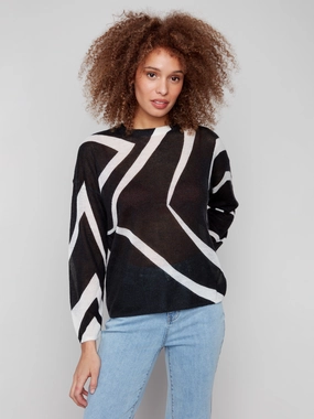 Tall Printed Lightweight Mohair-Effect Knit Sweater - Black & Ecru