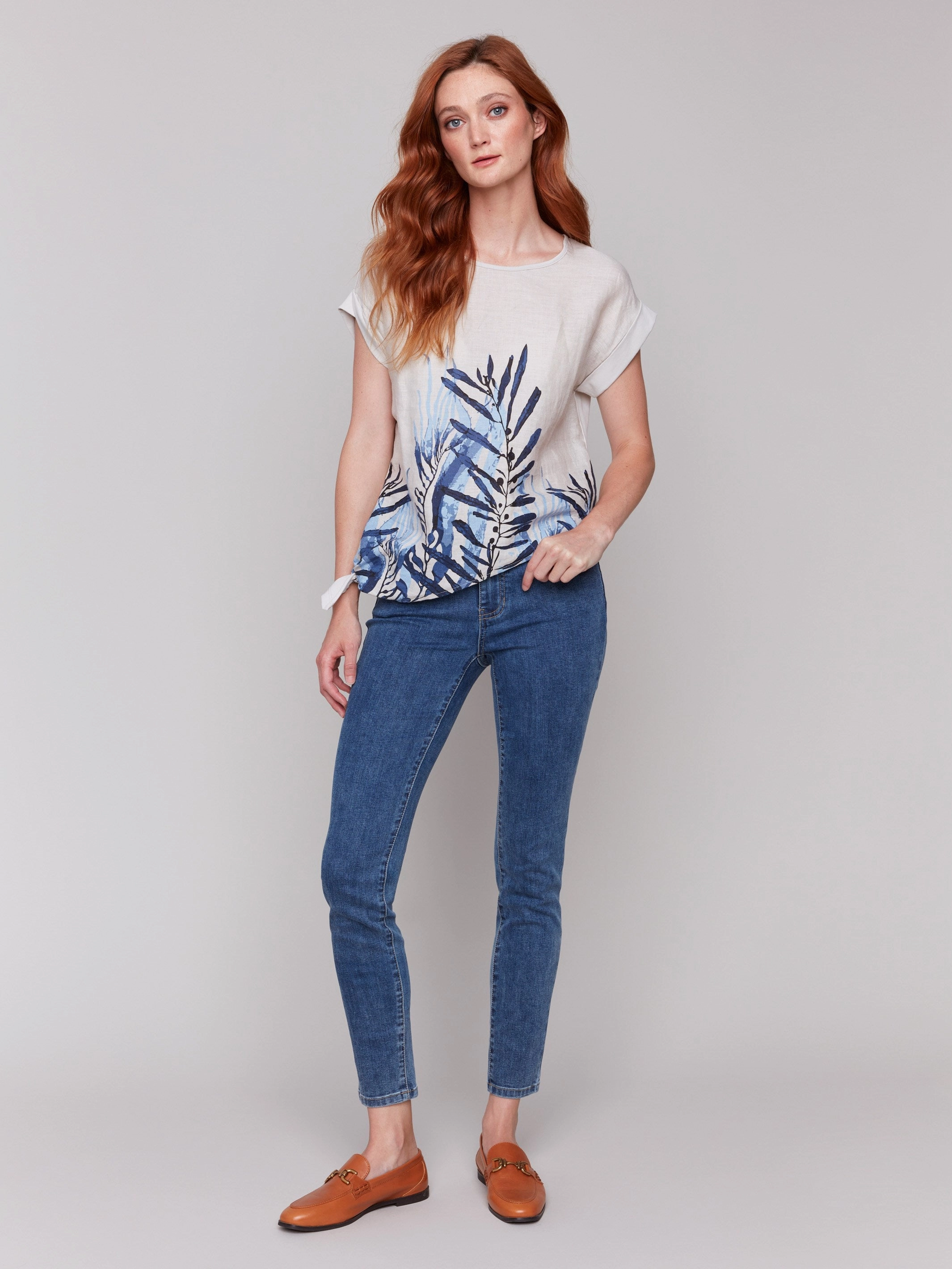 Printed Linen Blend Top with Side Tie - Palm Textured Finish