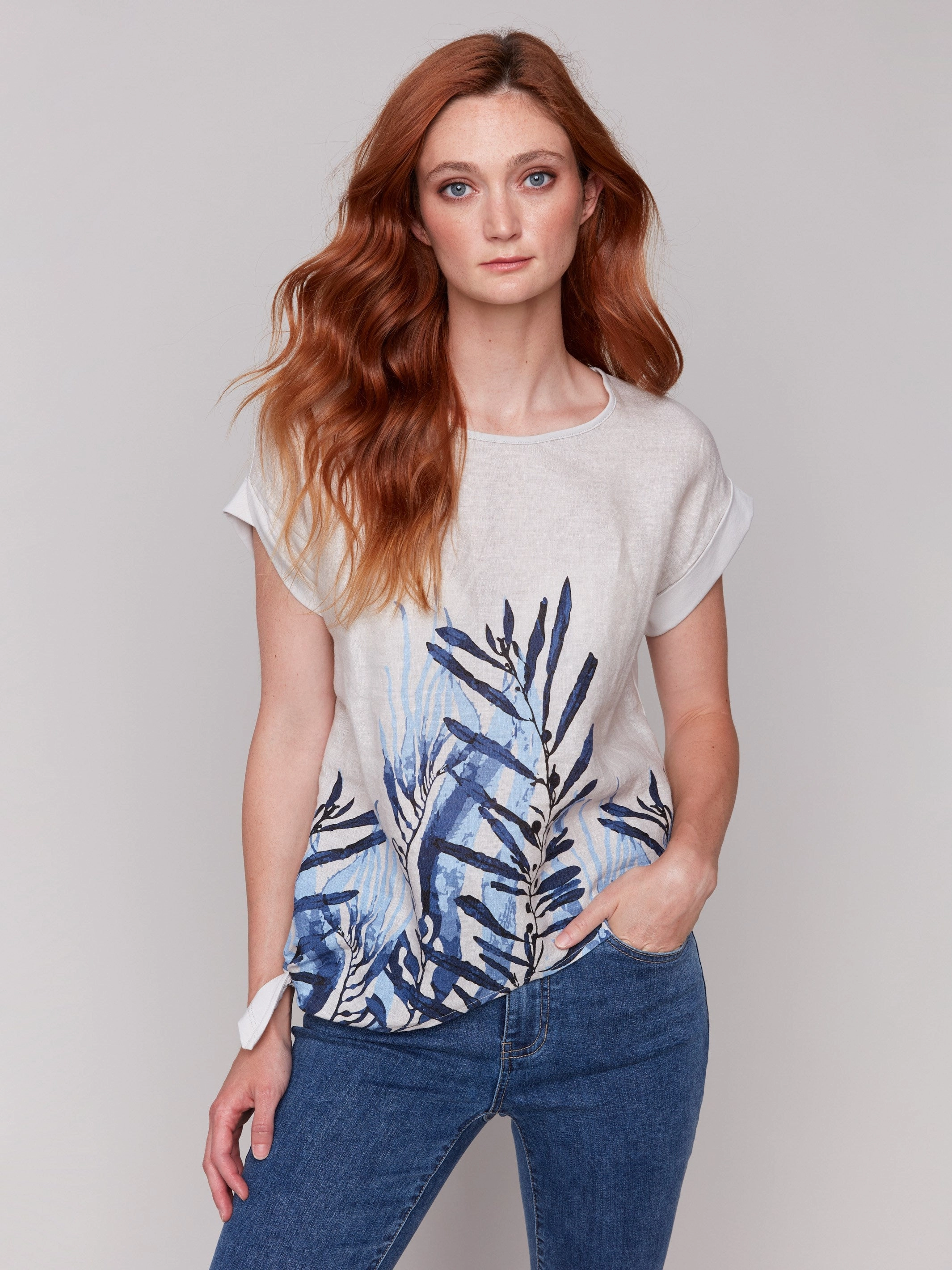 Printed Linen Blend Top with Side Tie - Palm Non Restrictive Armhole
