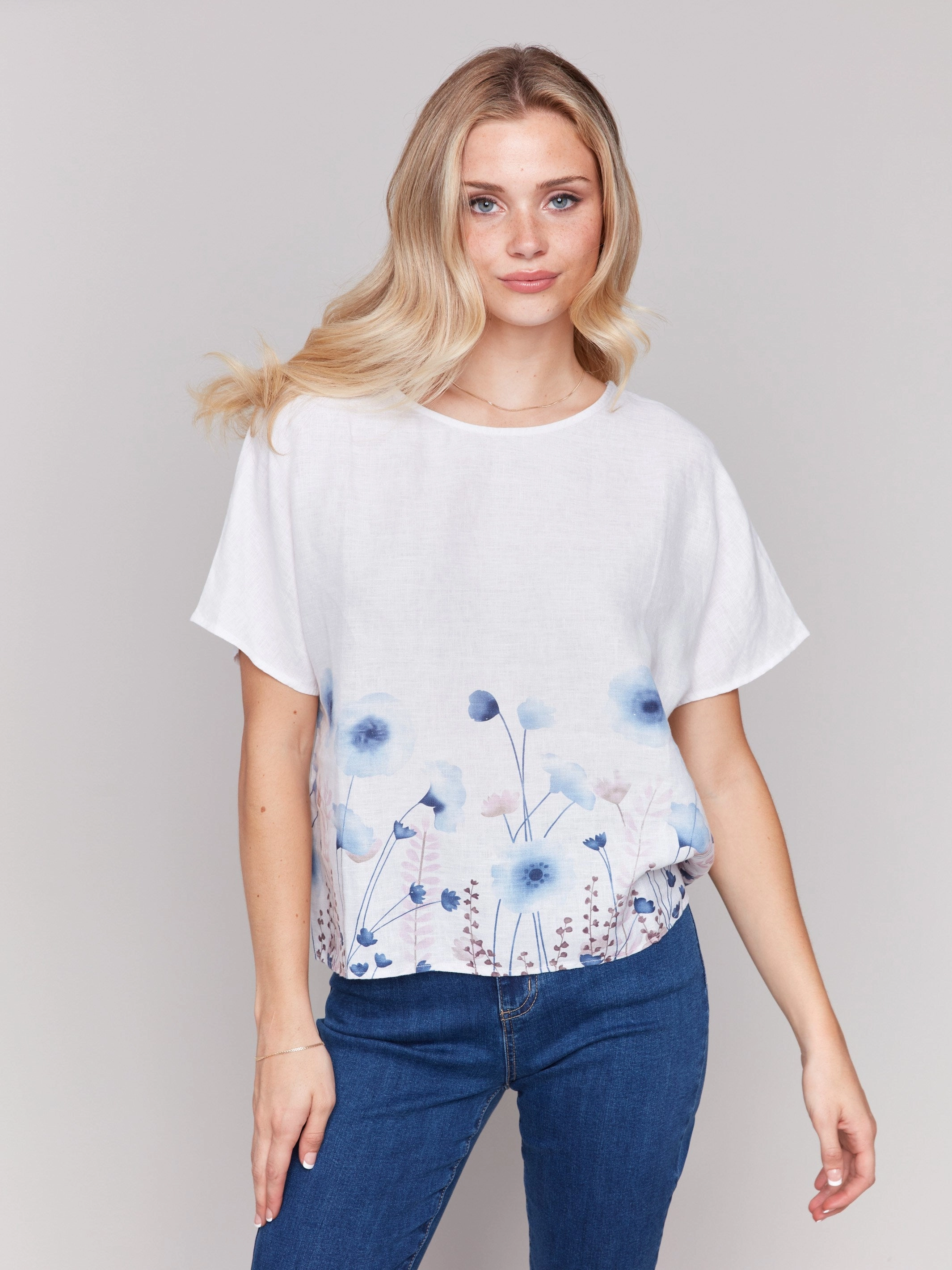 Flexible Mobility Youthful Vibe Printed Linen Dolman Top - Field
