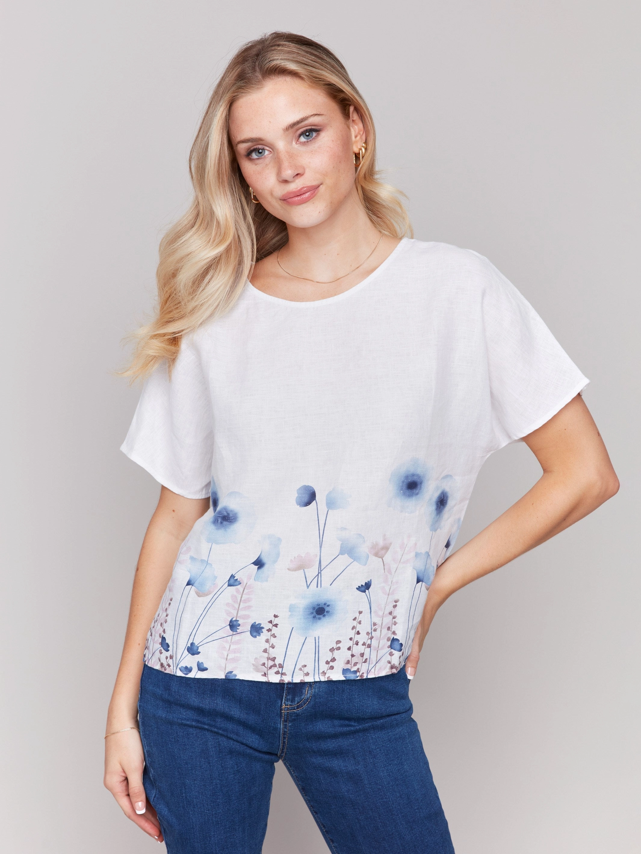Non-irritating Printed Linen Dolman Top - Field