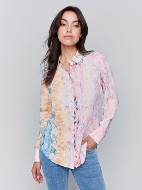 Breathable mesh Printed Long Sleeve Button-Up Blouse - Wallpaper