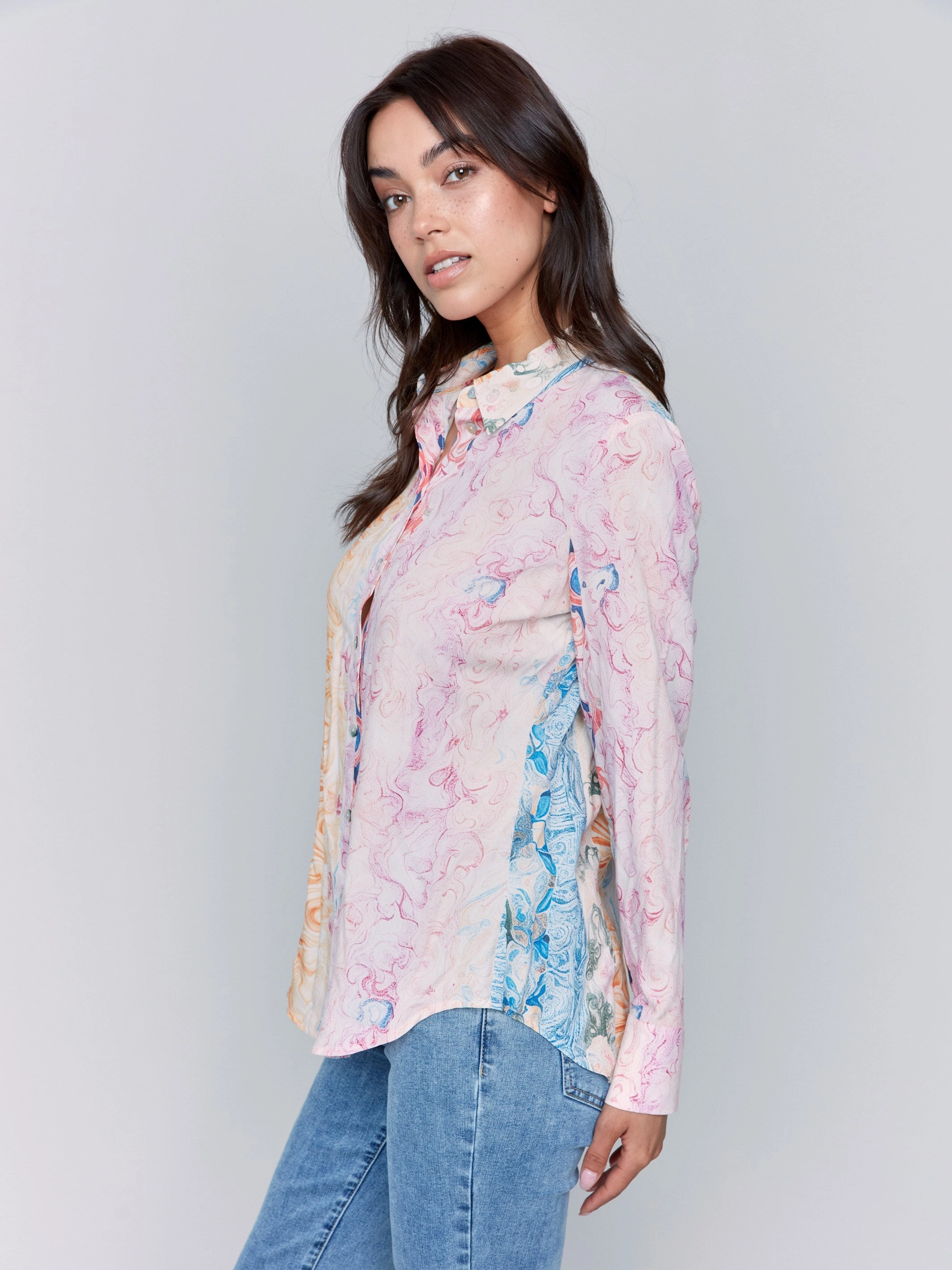Printed Long Sleeve Button-Up Blouse - Wallpaper Low Maintenance
