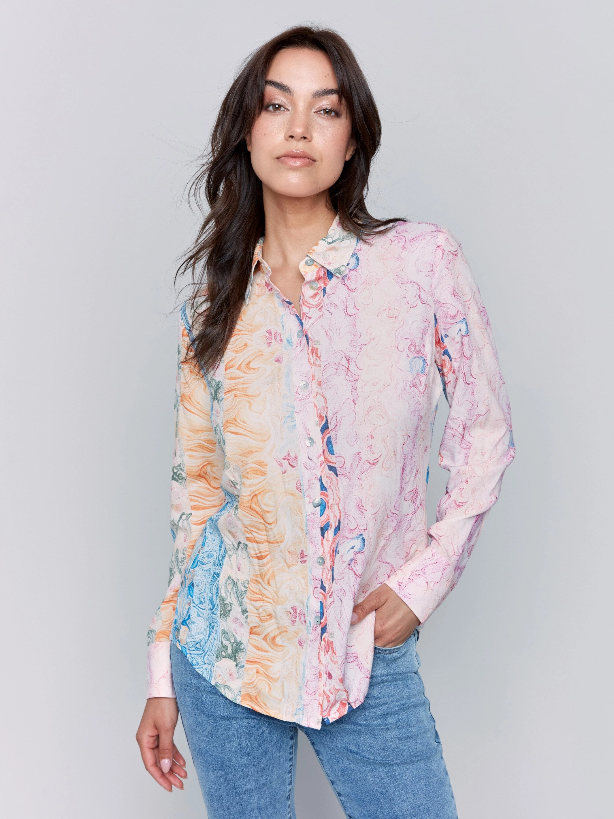 Breathable mesh Printed Long Sleeve Button-Up Blouse - Wallpaper