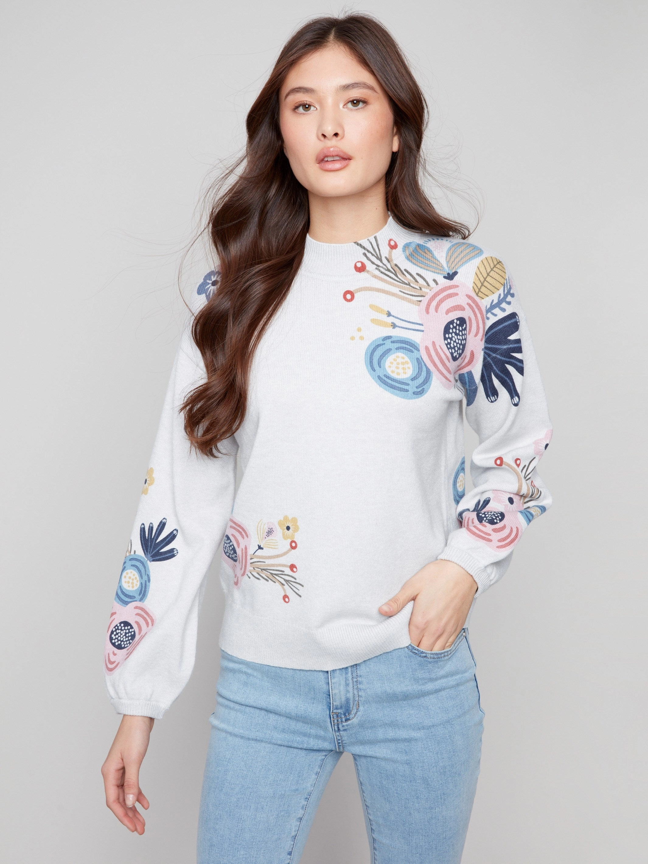 Printed Mock Neck Sweater - Heather Light Grey Evening Event