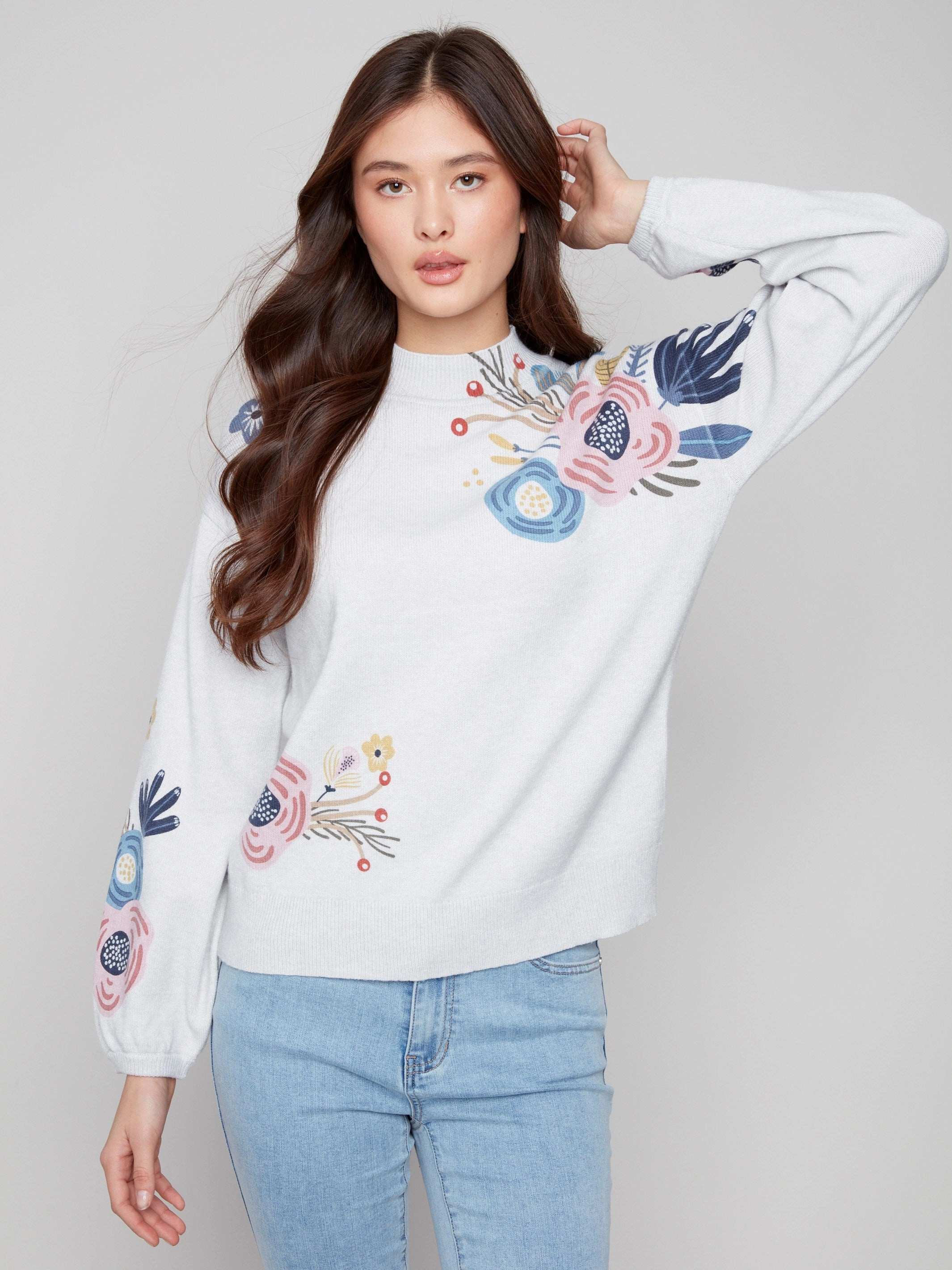 Printed Mock Neck Sweater - Heather Light Grey Linen Bohemian