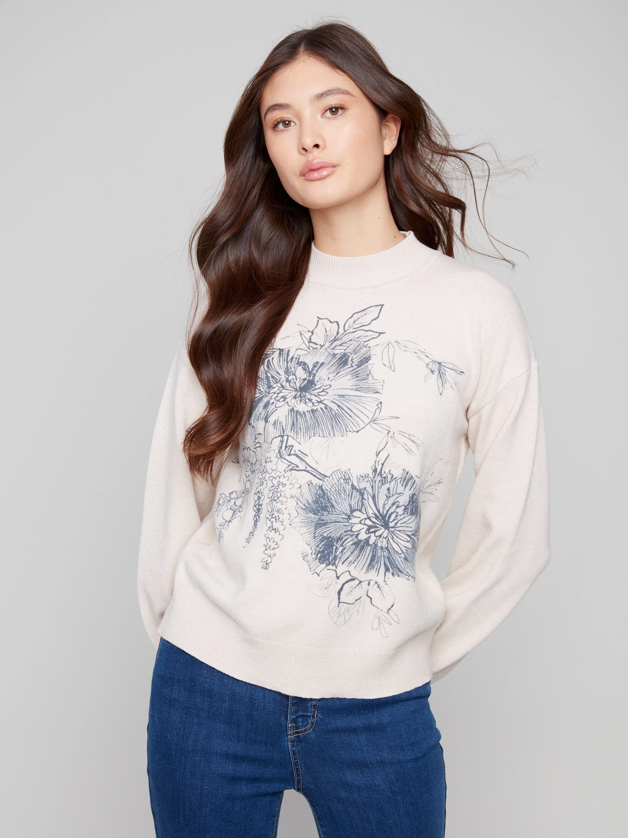 Printed Mock Neck Sweater - Heather Oat Tight